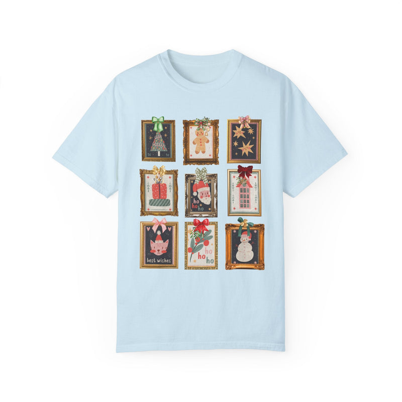 Cute Christmas Stamp Tee Shirt with Colorful Ribbons, Gallery Wall Aesthetic Shirt with Framed Christmas Artwork, Ecelctic Grandmacore Xmas - Opal and June
