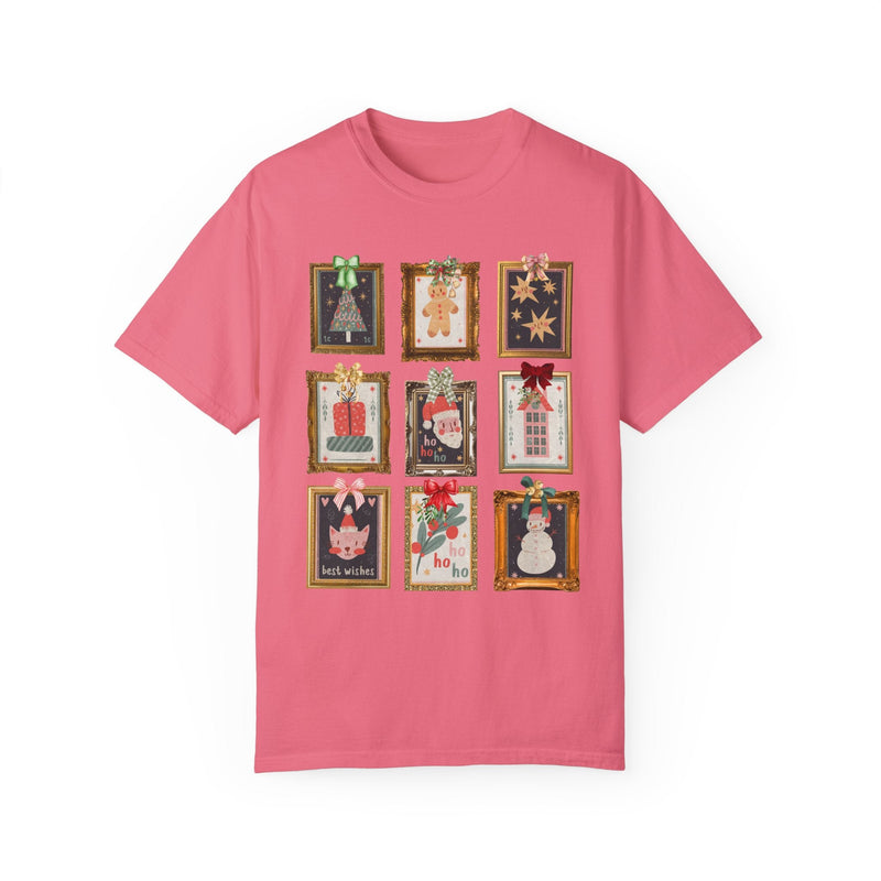Cute Christmas Stamp Tee Shirt with Colorful Ribbons, Gallery Wall Aesthetic Shirt with Framed Christmas Artwork, Ecelctic Grandmacore Xmas - Opal and June