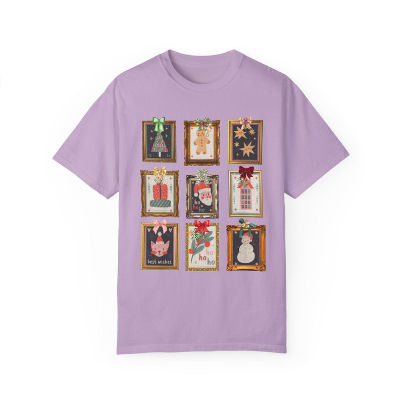 Cute Christmas Stamp Tee Shirt with Colorful Ribbons, Gallery Wall Aesthetic Shirt with Framed Christmas Artwork, Ecelctic Grandmacore Xmas - Opal and June