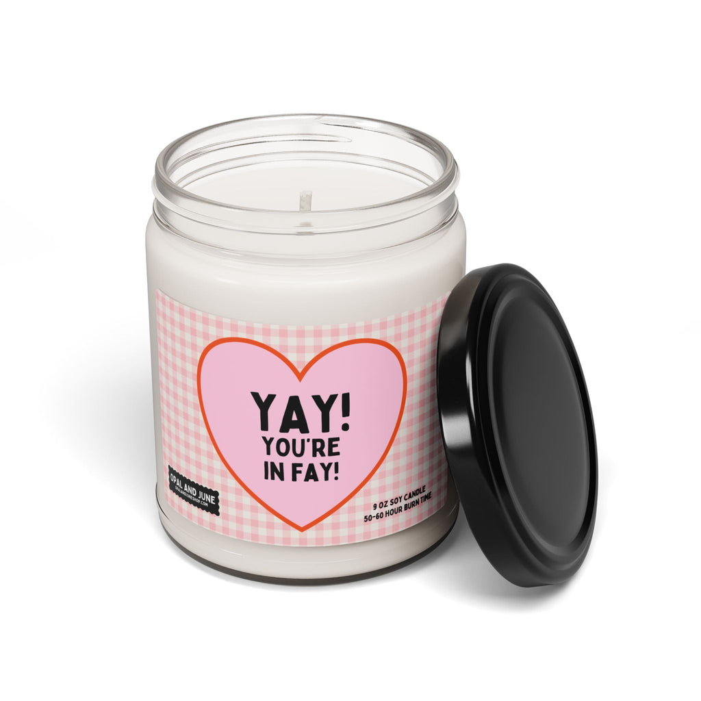 Cute Cottagecore Candle for Friend Moving to or Visiting Fayetteville Arkansas: Yay! You're in Fay! | Silly 90s Aesthetic Candle for Friend - Opal and June
