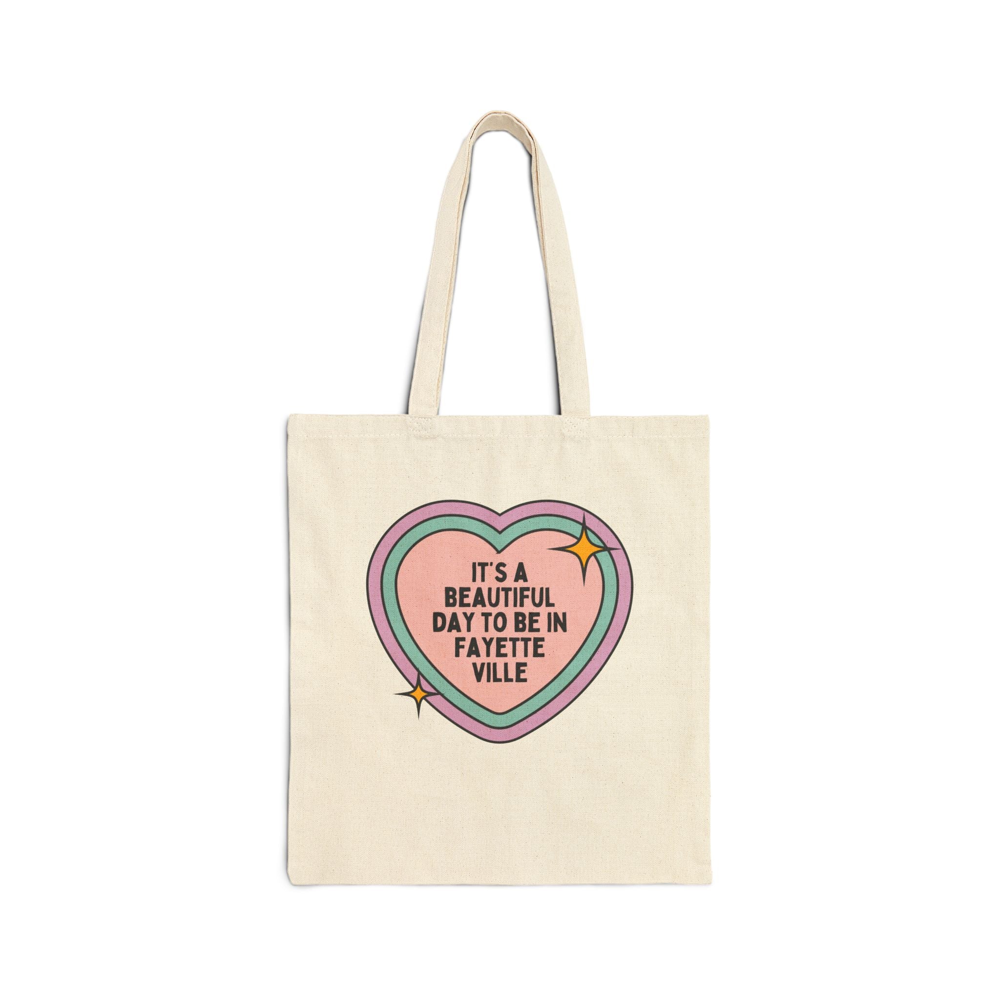 Cute Fayetteville Arkansas Tote Bag with Colorful Rainbow Heart, Gift for Friend Moving to Northwest Arkansas or Fayetteville Arkansas - Opal and June