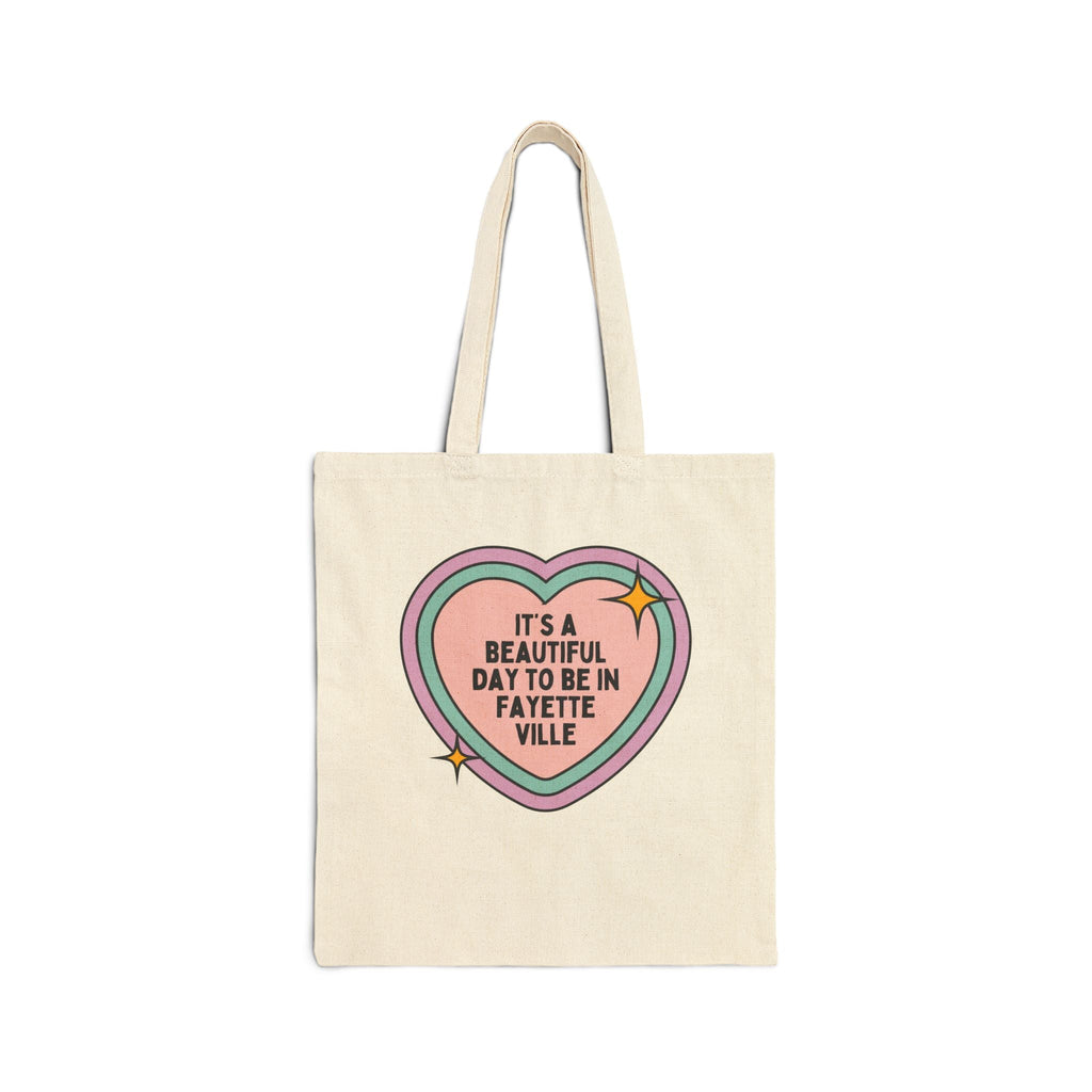 Cute Fayetteville Arkansas Tote Bag with Colorful Rainbow Heart, Gift for Friend Moving to Northwest Arkansas or Fayetteville Arkansas - Opal and June