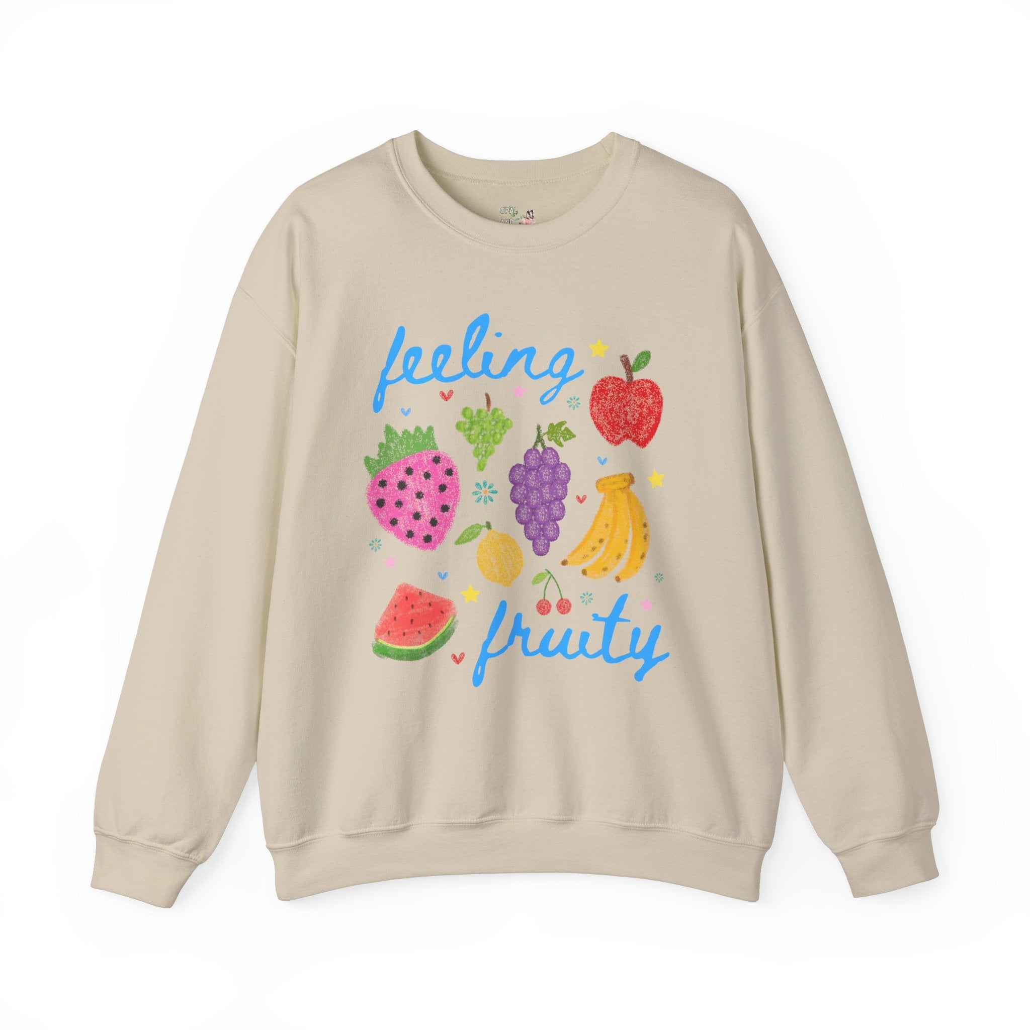 Cute Feeling Fruity Sweatshirt for Vegetarian, Silly LGBTQ Pride Month Crewneck with Stars, 90s Throwback Doodle Aesthetic Fruit Lover Gift - Opal and June