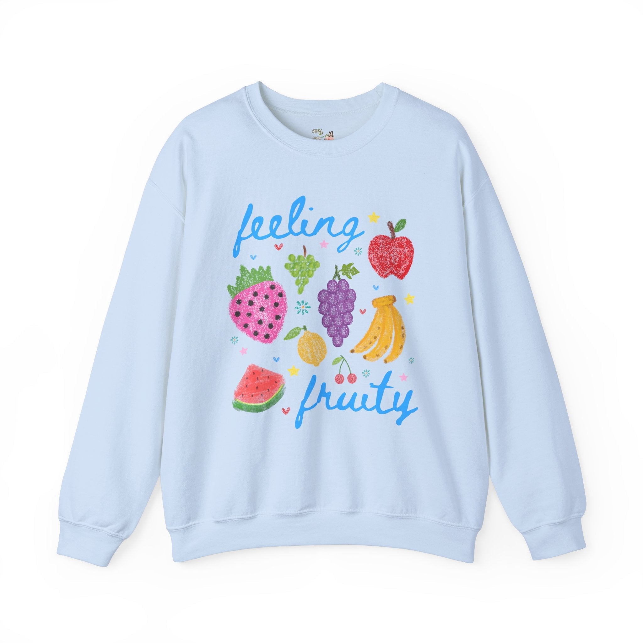Cute Feeling Fruity Sweatshirt for Vegetarian, Silly LGBTQ Pride Month Crewneck with Stars, 90s Throwback Doodle Aesthetic Fruit Lover Gift - Opal and June