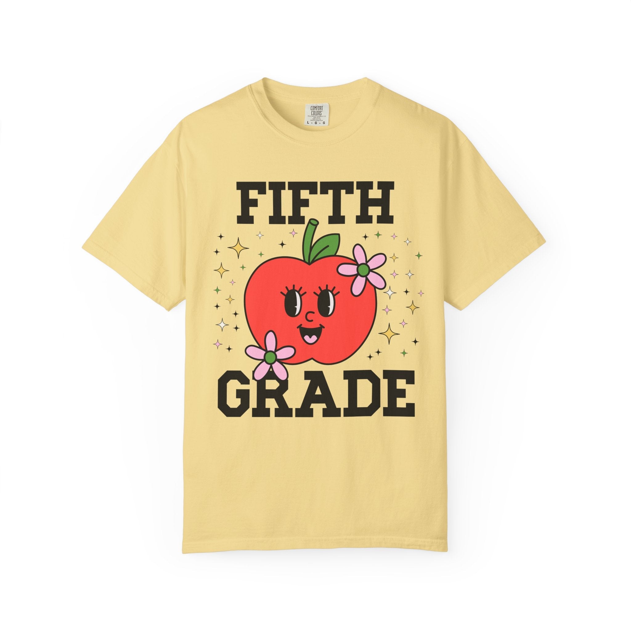 Cute Fifth Grade Teacher Tee Shirt with Adorable Retro Apple with Flowers, Teacher Team T-Shirt, Back to School or Meet the Teacher Night - Opal and June