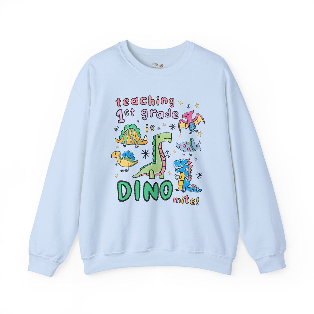Cute First Grade Teacher Dinosaur Lover Sweatshirt for Back to School, Funny Saying Dinosaur Crewneck for Teacher Team, Matching Teacher Tee - Opal and June