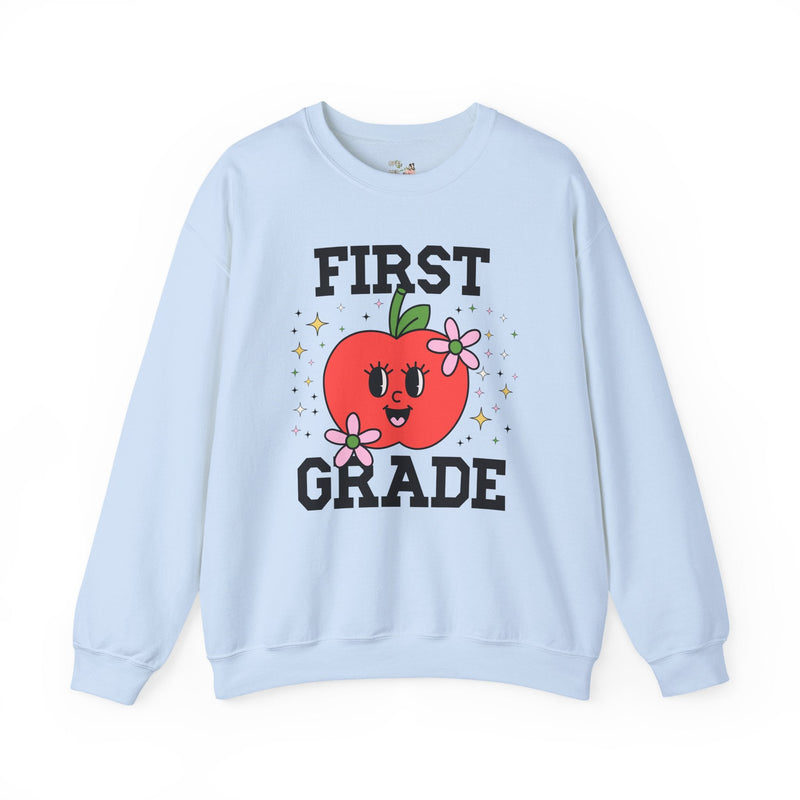 Cute First Grade Teacher Sweatshirt with Adorable Retro Apple with Flowers, Teacher Team Shirt, Back to School or Meet the Teacher Night - Opal and June