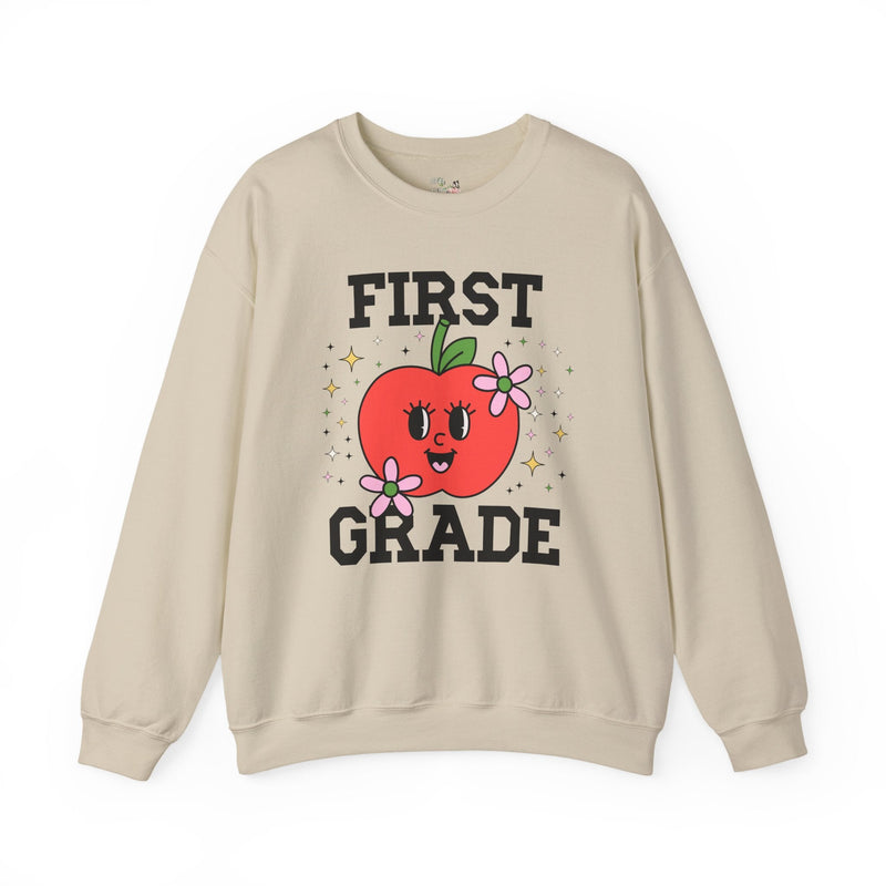 Cute First Grade Teacher Sweatshirt with Adorable Retro Apple with Flowers, Teacher Team Shirt, Back to School or Meet the Teacher Night - Opal and June