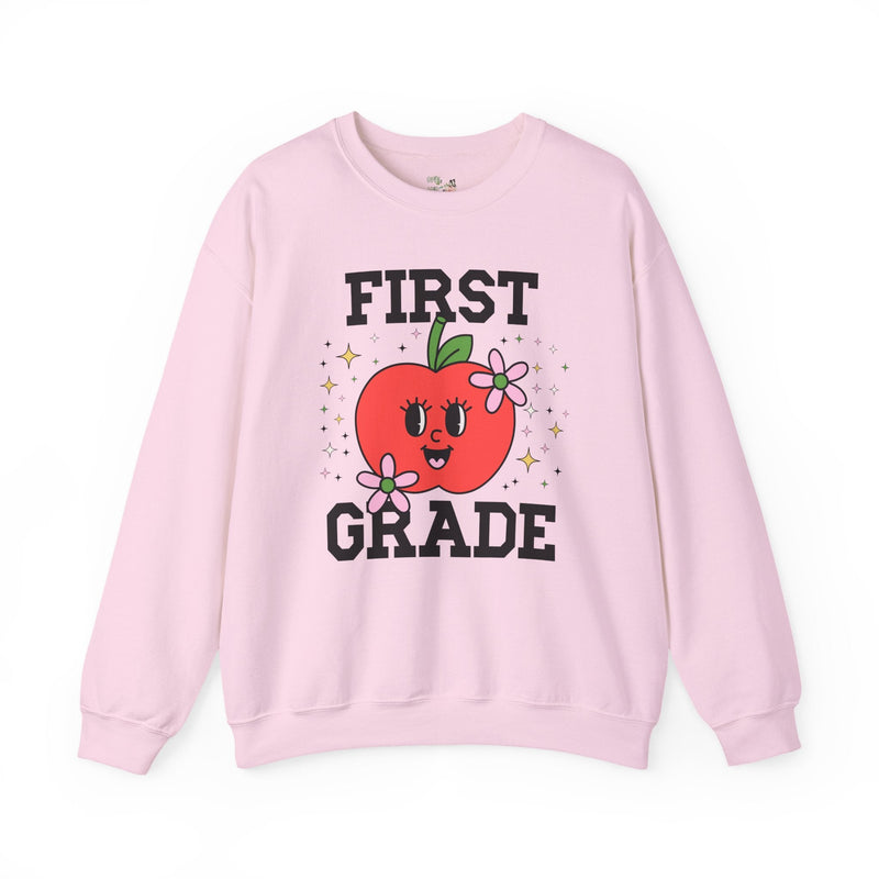 Cute First Grade Teacher Sweatshirt with Adorable Retro Apple with Flowers, Teacher Team Shirt, Back to School or Meet the Teacher Night - Opal and June
