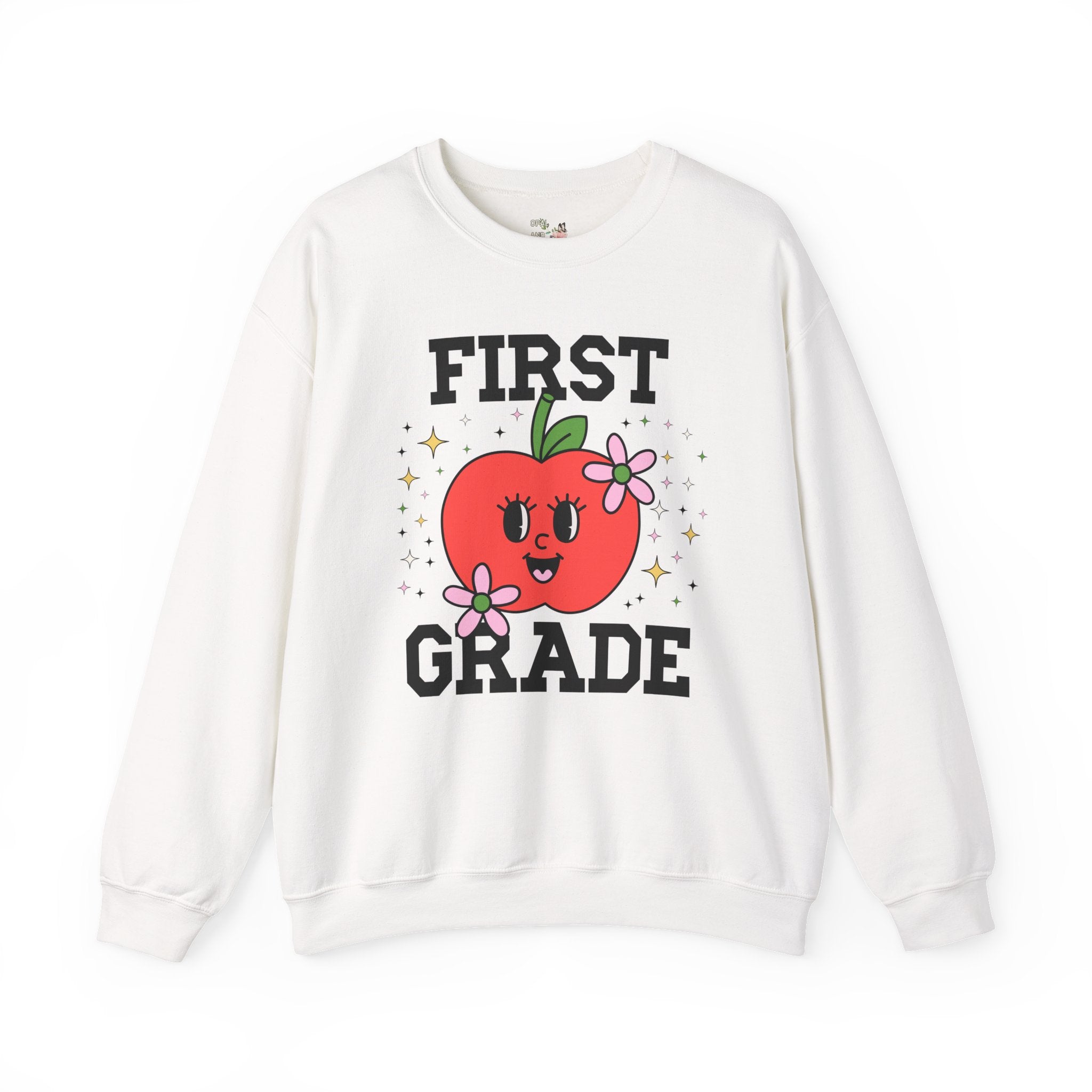 Cute First Grade Teacher Sweatshirt with Adorable Retro Apple with Flowers, Teacher Team Shirt, Back to School or Meet the Teacher Night - Opal and June