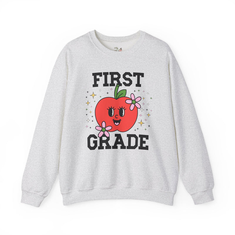Cute First Grade Teacher Sweatshirt with Adorable Retro Apple with Flowers, Teacher Team Shirt, Back to School or Meet the Teacher Night - Opal and June