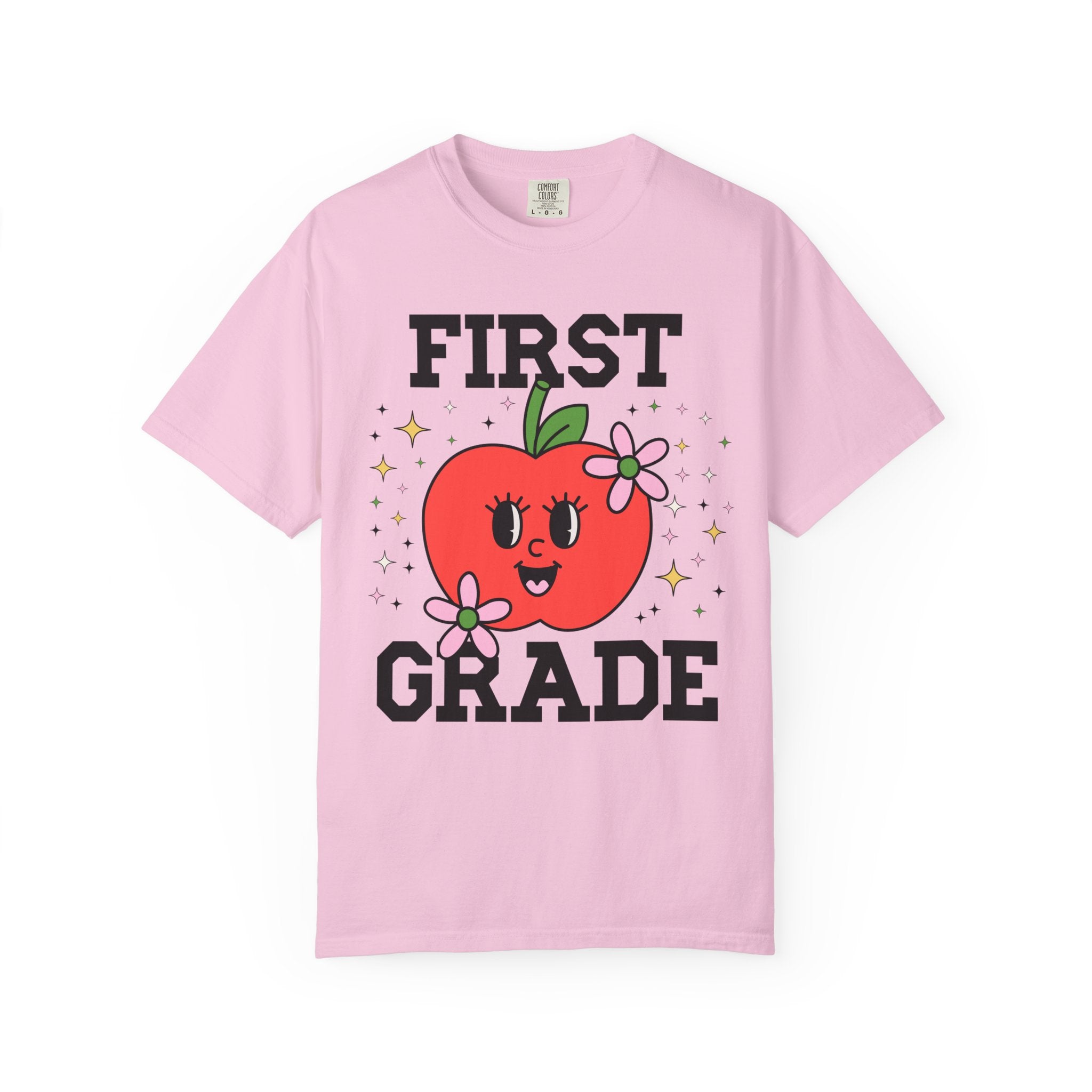 Cute First Grade Teacher Tee Shirt with Adorable Retro Apple with Flowers, Teacher Team T-Shirt, Back to School or Meet the Teacher Night - Opal and June