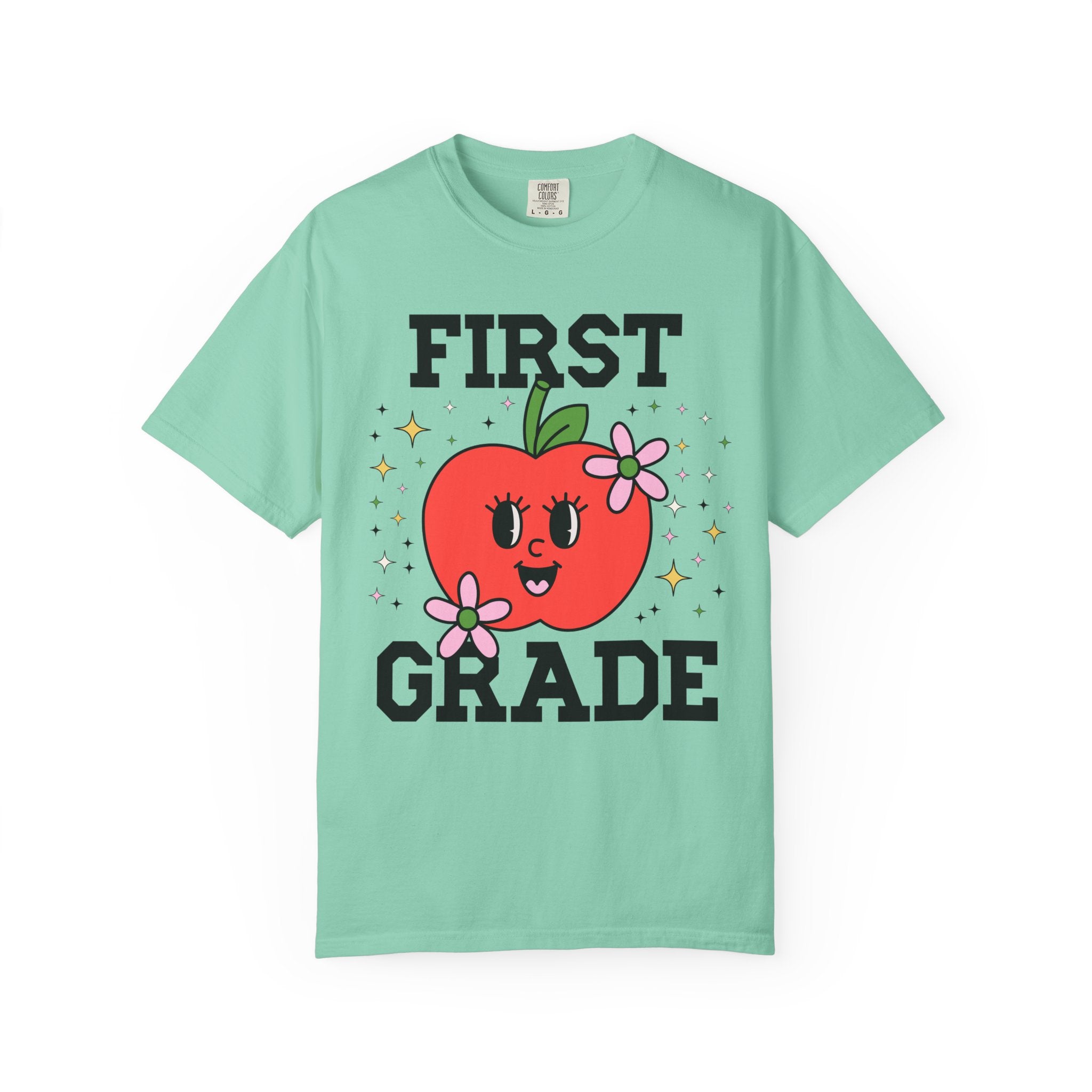Cute First Grade Teacher Tee Shirt with Adorable Retro Apple with Flowers, Teacher Team T-Shirt, Back to School or Meet the Teacher Night - Opal and June