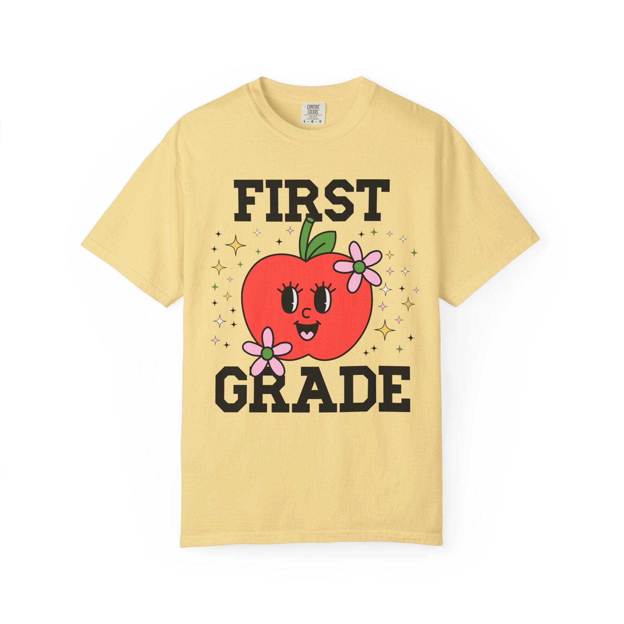 Cute First Grade Teacher Tee Shirt with Adorable Retro Apple with Flowers, Teacher Team T-Shirt, Back to School or Meet the Teacher Night - Opal and June