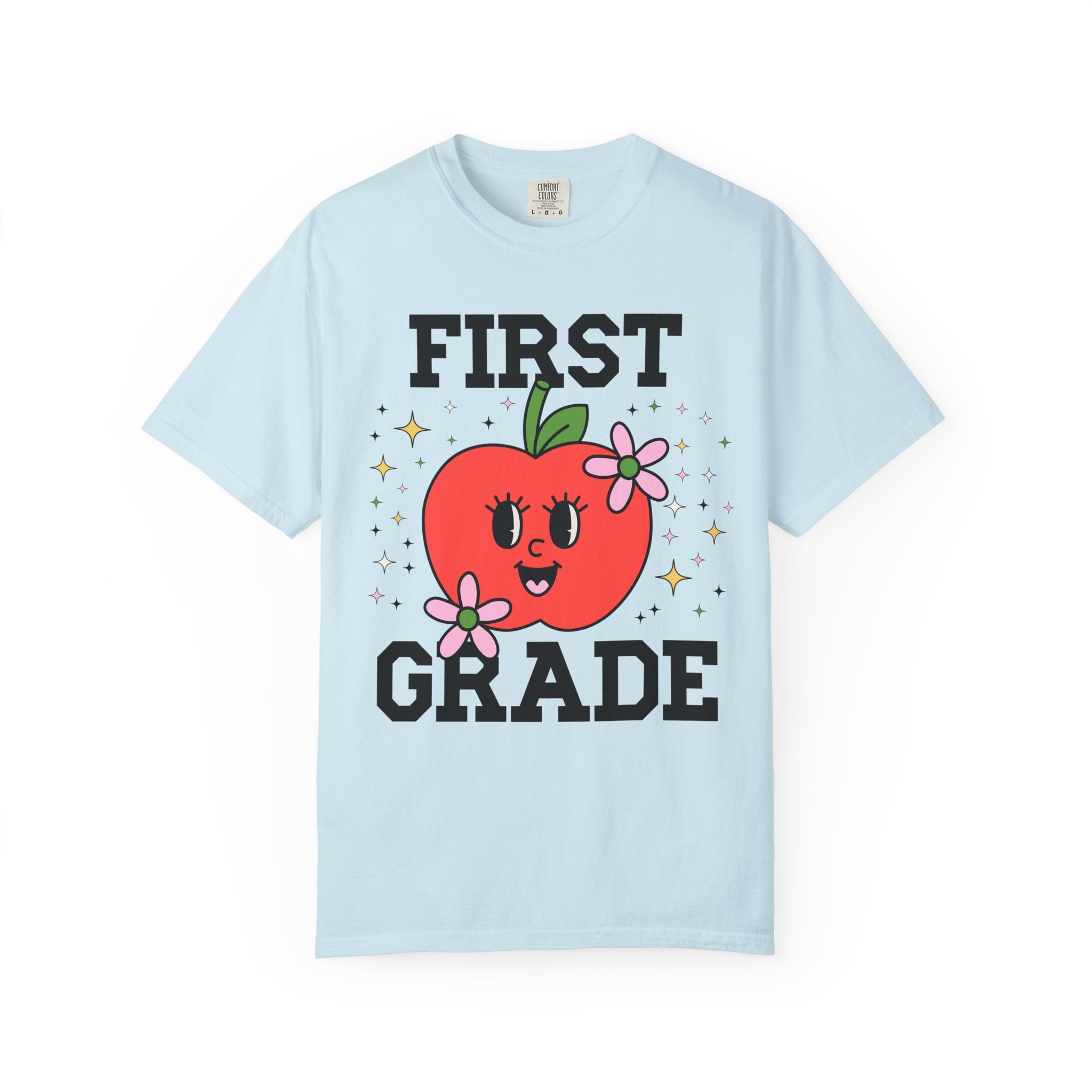 Cute First Grade Teacher Tee Shirt with Adorable Retro Apple with Flowers, Teacher Team T-Shirt, Back to School or Meet the Teacher Night - Opal and June