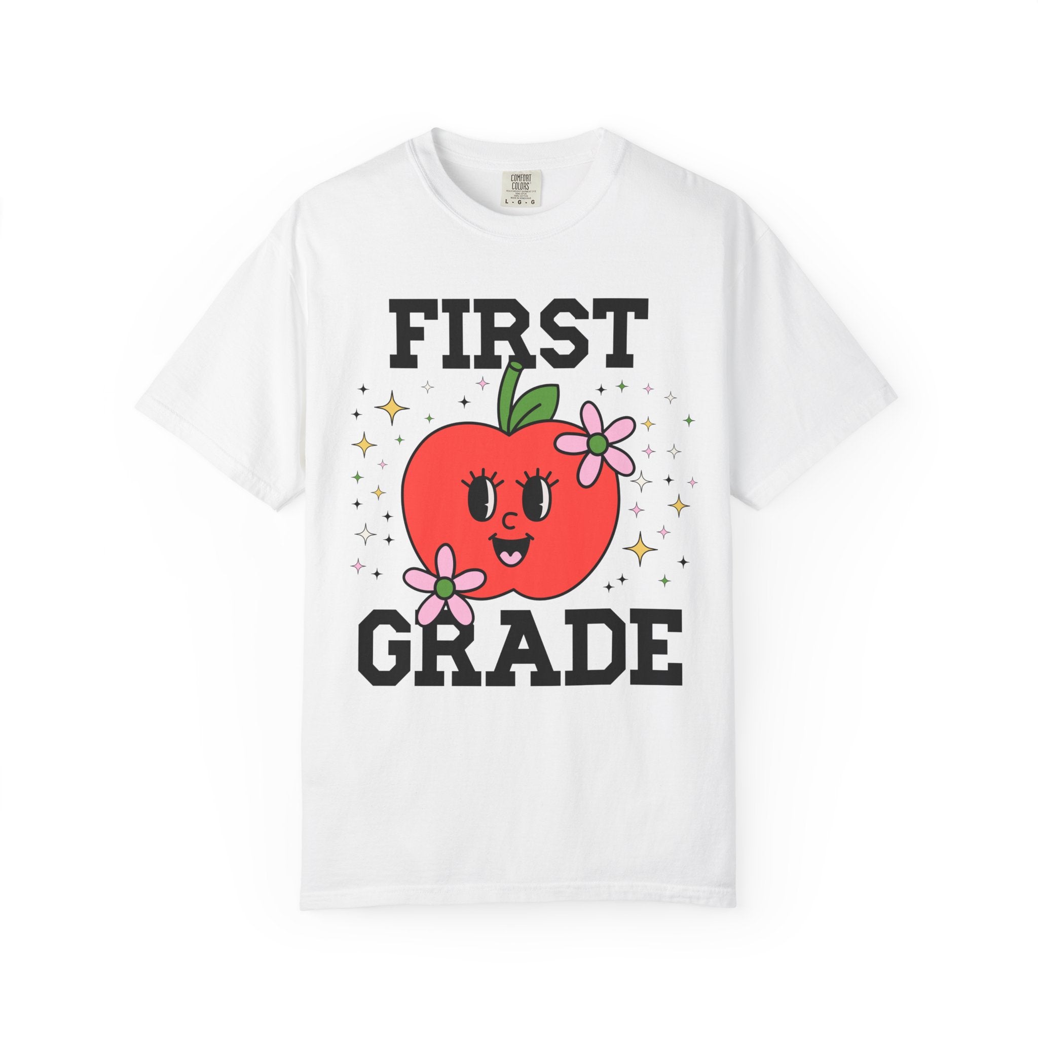 Cute First Grade Teacher Tee Shirt with Adorable Retro Apple with Flowers, Teacher Team T-Shirt, Back to School or Meet the Teacher Night - Opal and June