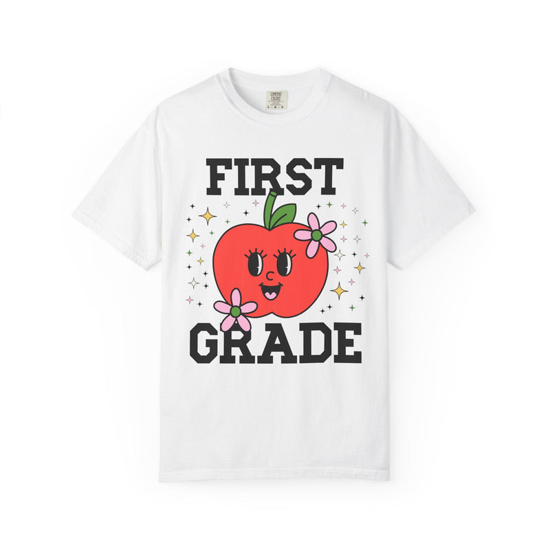 Cute First Grade Teacher Tee Shirt with Adorable Retro Apple with Flowers, Teacher Team T-Shirt, Back to School or Meet the Teacher Night - Opal and June