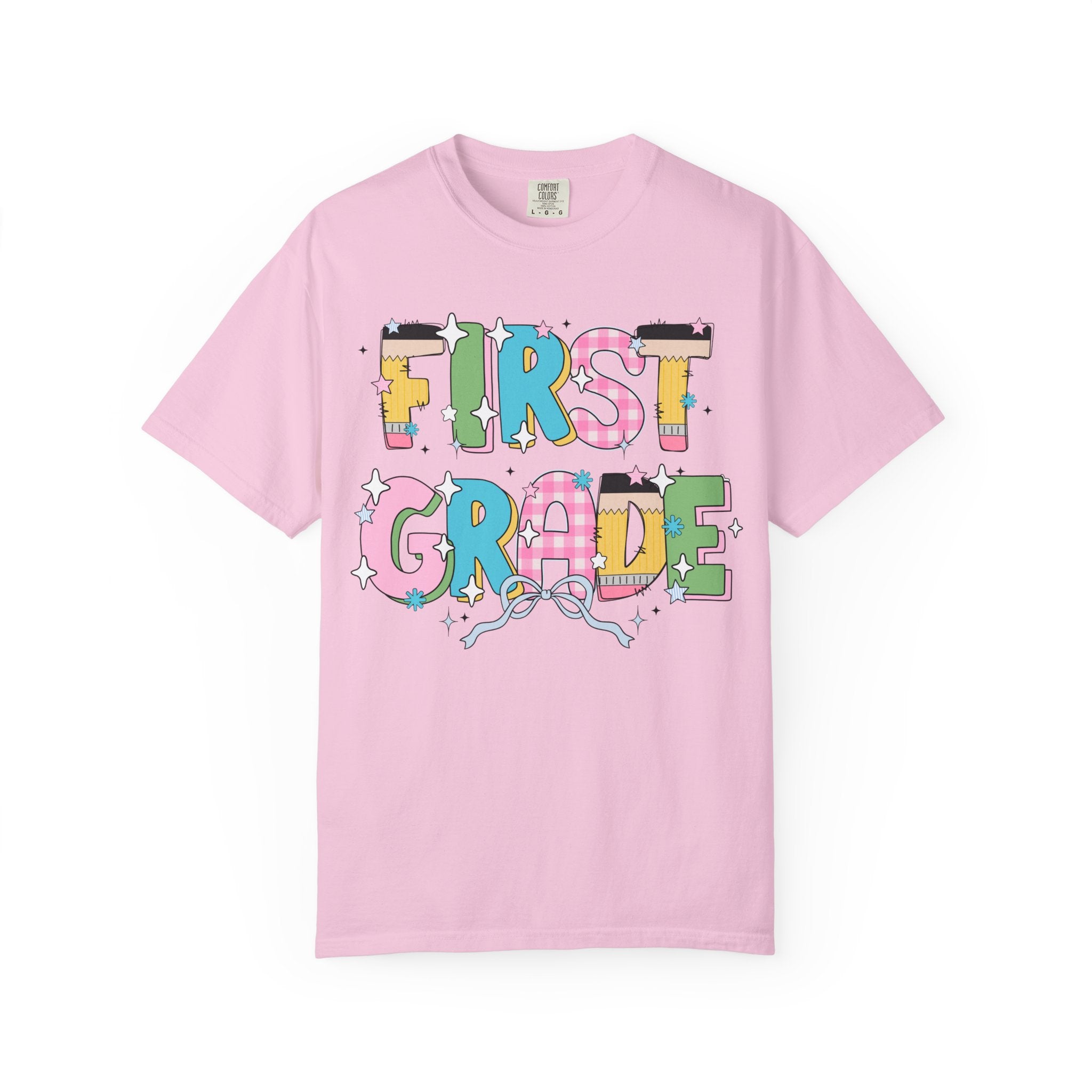 Cute First Grade Teacher Tee Shirt with Bow and Adorable Early 2000s Style Doodles, Teacher Team Tee, Back to School, First Day of School - Opal and June