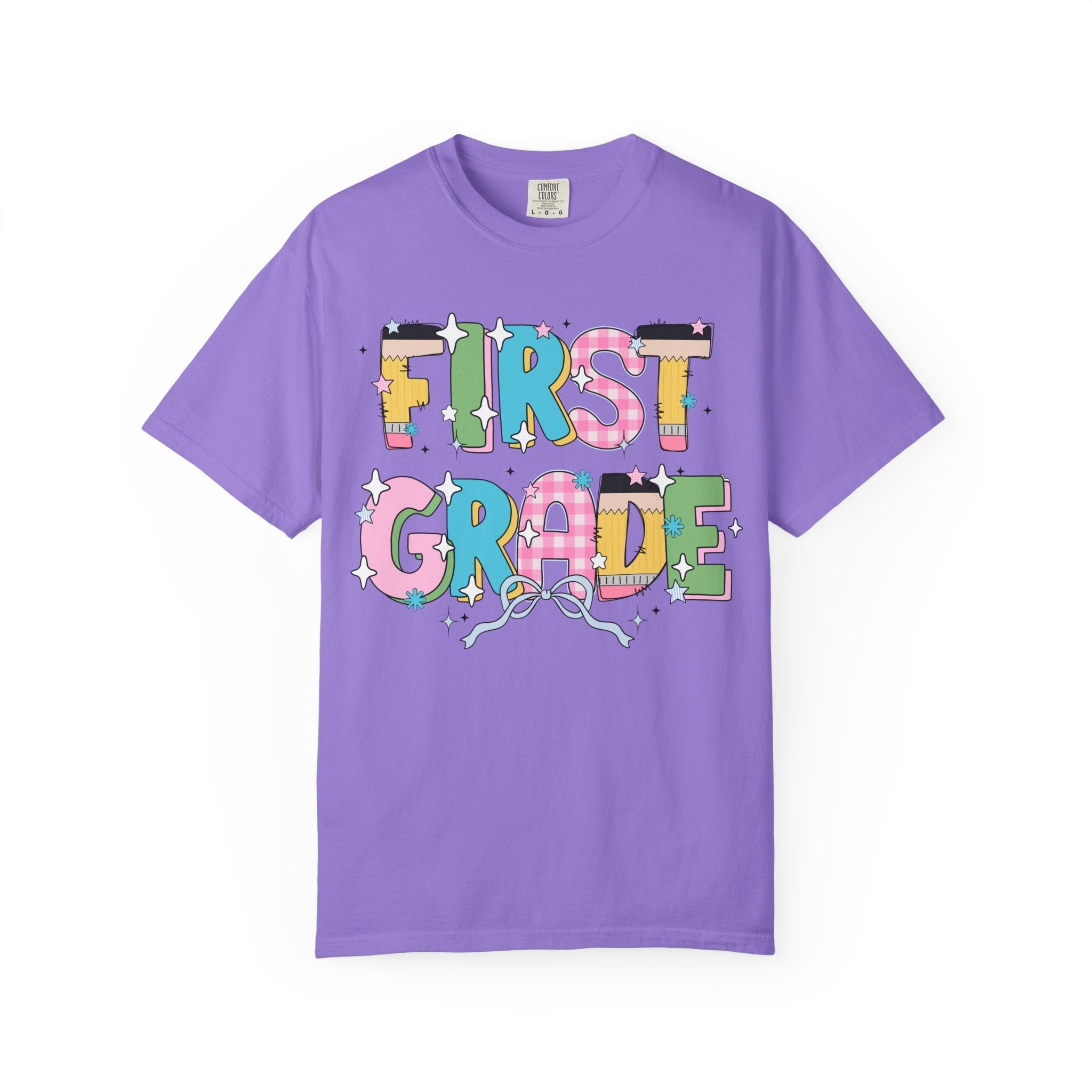 Cute First Grade Teacher Tee Shirt with Bow and Adorable Early 2000s Style Doodles, Teacher Team Tee, Back to School, First Day of School - Opal and June