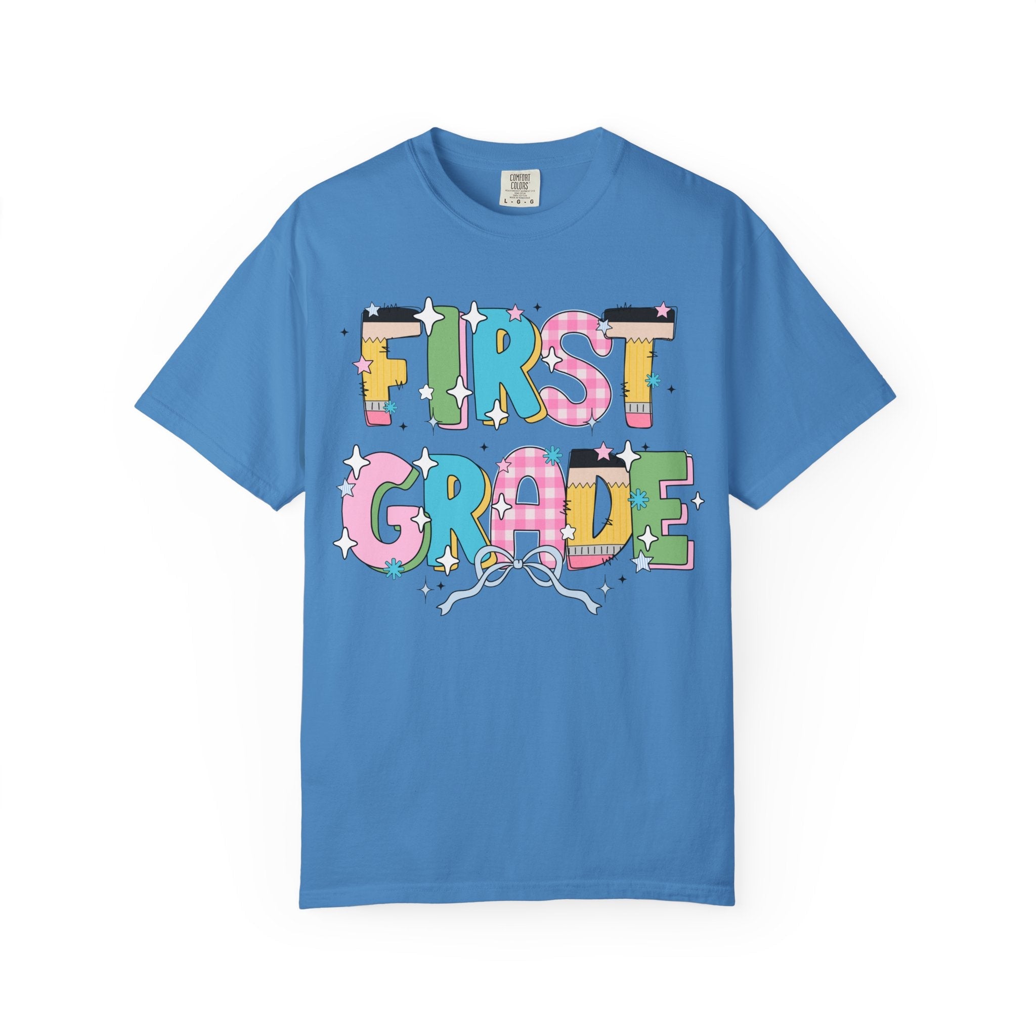 Cute First Grade Teacher Tee Shirt with Bow and Adorable Early 2000s Style Doodles, Teacher Team Tee, Back to School, First Day of School - Opal and June