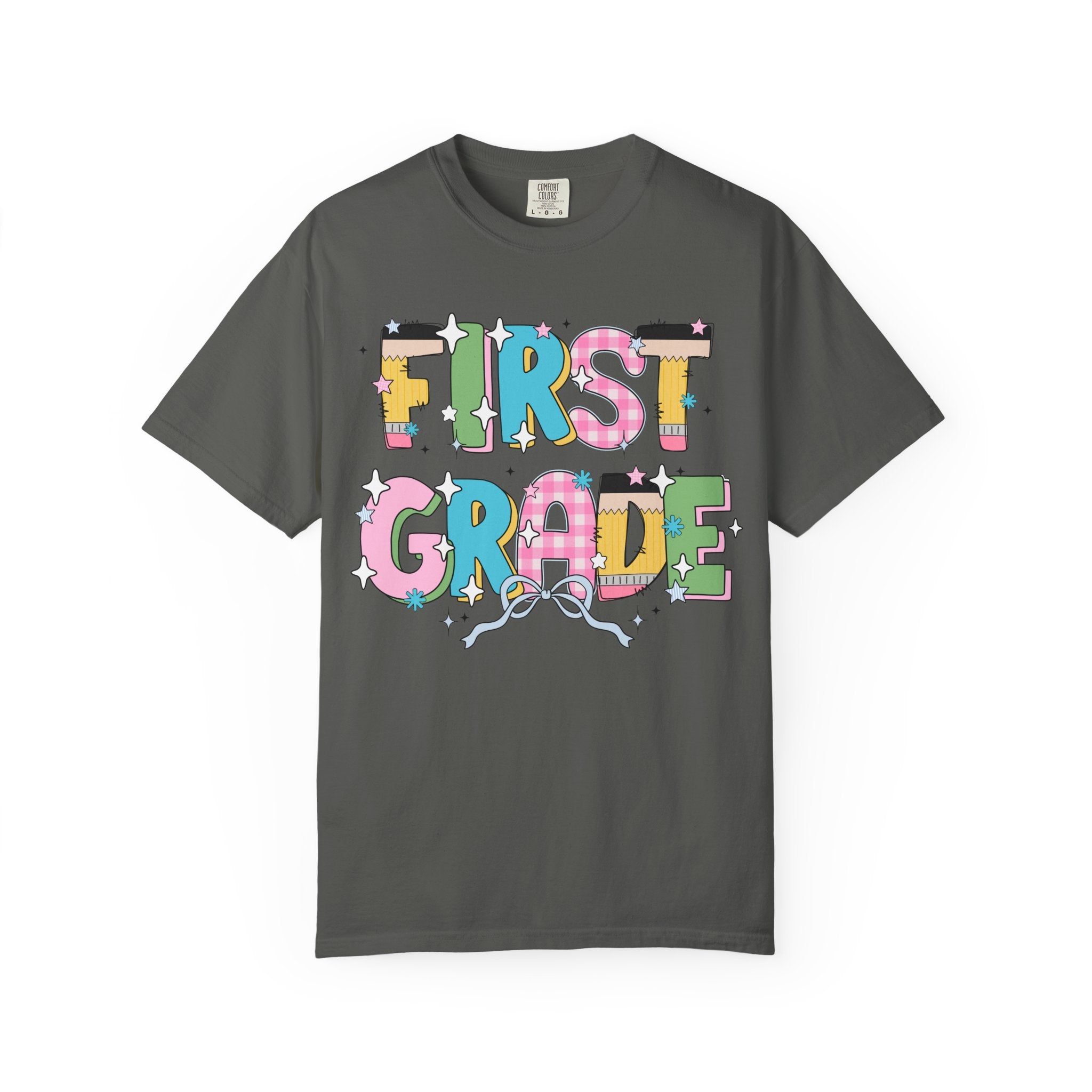 Cute First Grade Teacher Tee Shirt with Bow and Adorable Early 2000s Style Doodles, Teacher Team Tee, Back to School, First Day of School - Opal and June
