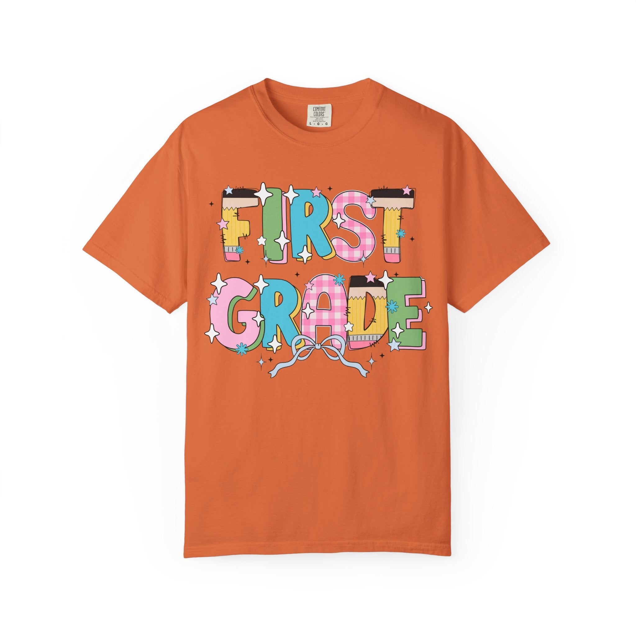 Cute First Grade Teacher Tee Shirt with Bow and Adorable Early 2000s Style Doodles, Teacher Team Tee, Back to School, First Day of School - Opal and June