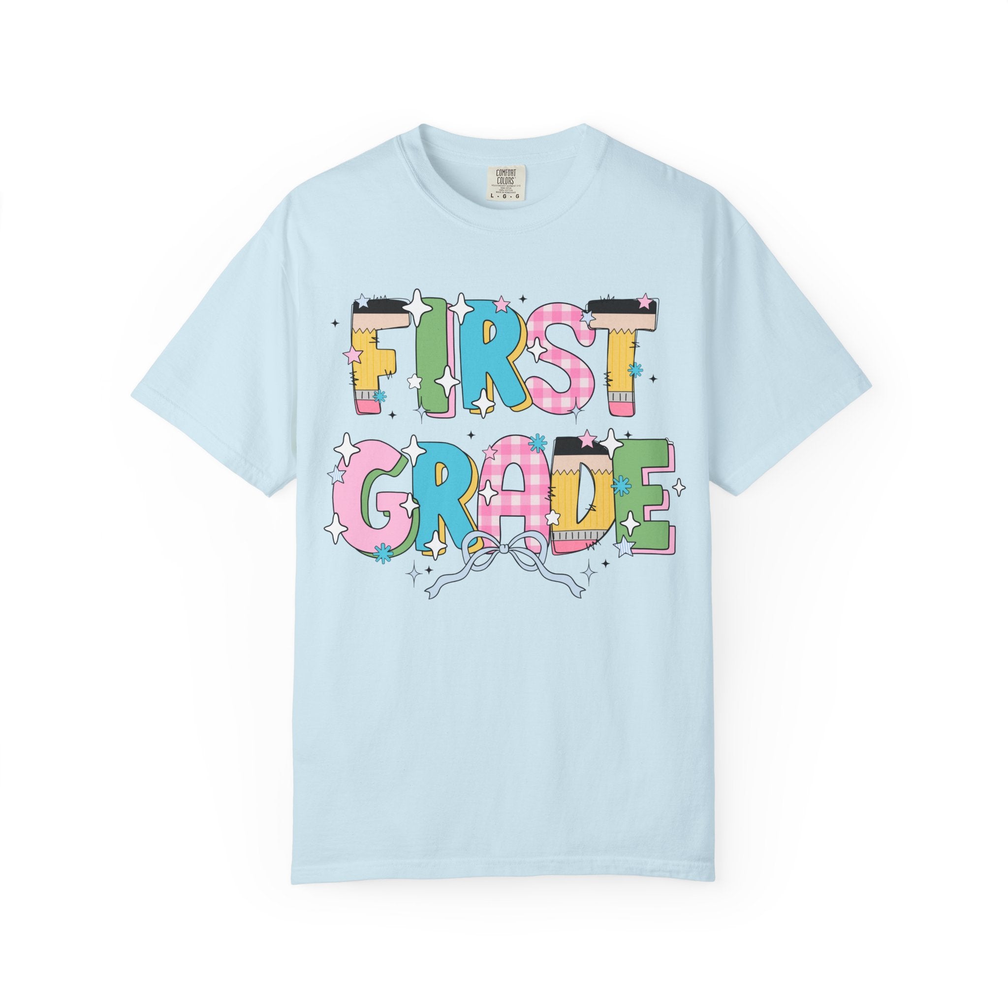 Cute First Grade Teacher Tee Shirt with Bow and Adorable Early 2000s Style Doodles, Teacher Team Tee, Back to School, First Day of School - Opal and June