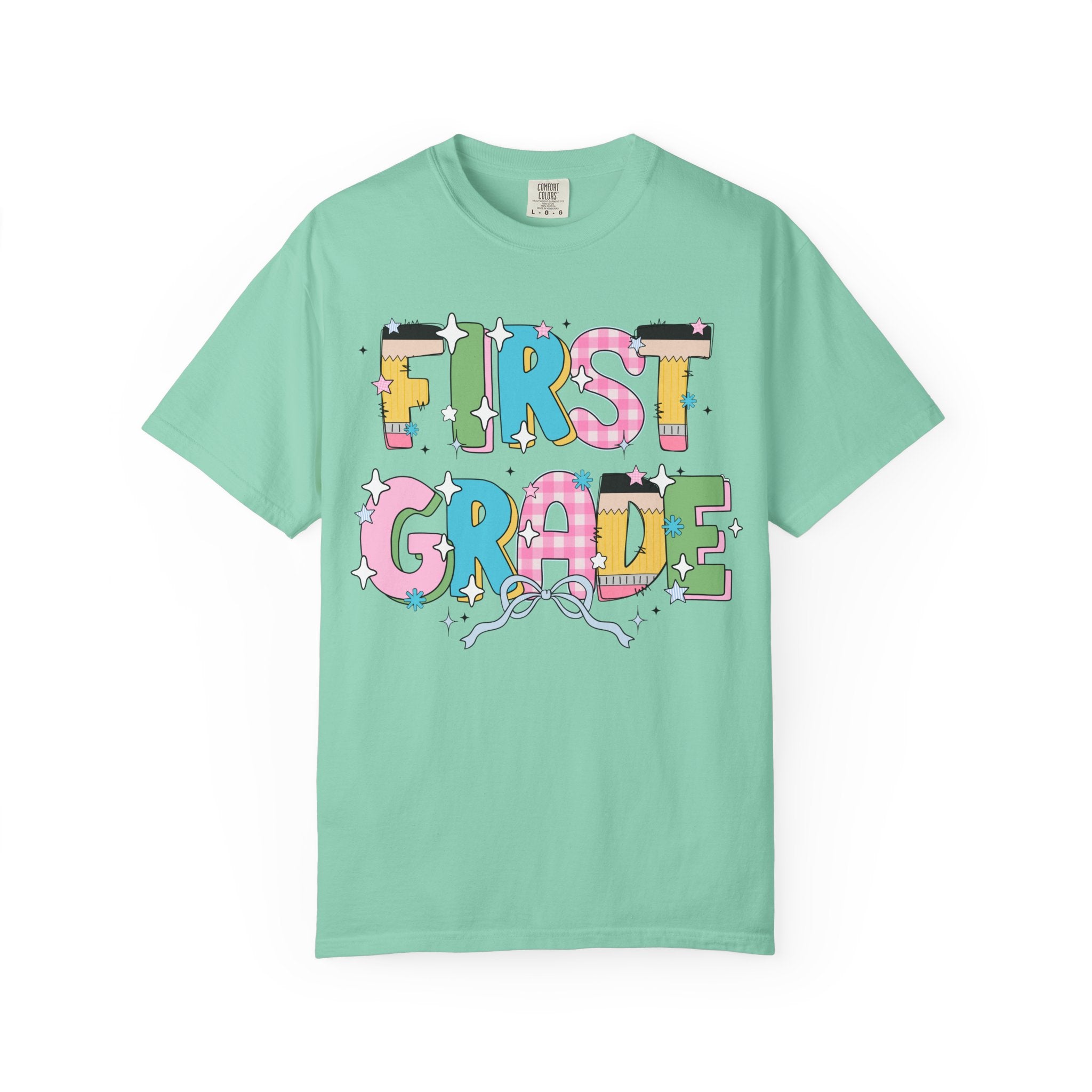 Cute First Grade Teacher Tee Shirt with Bow and Adorable Early 2000s Style Doodles, Teacher Team Tee, Back to School, First Day of School - Opal and June