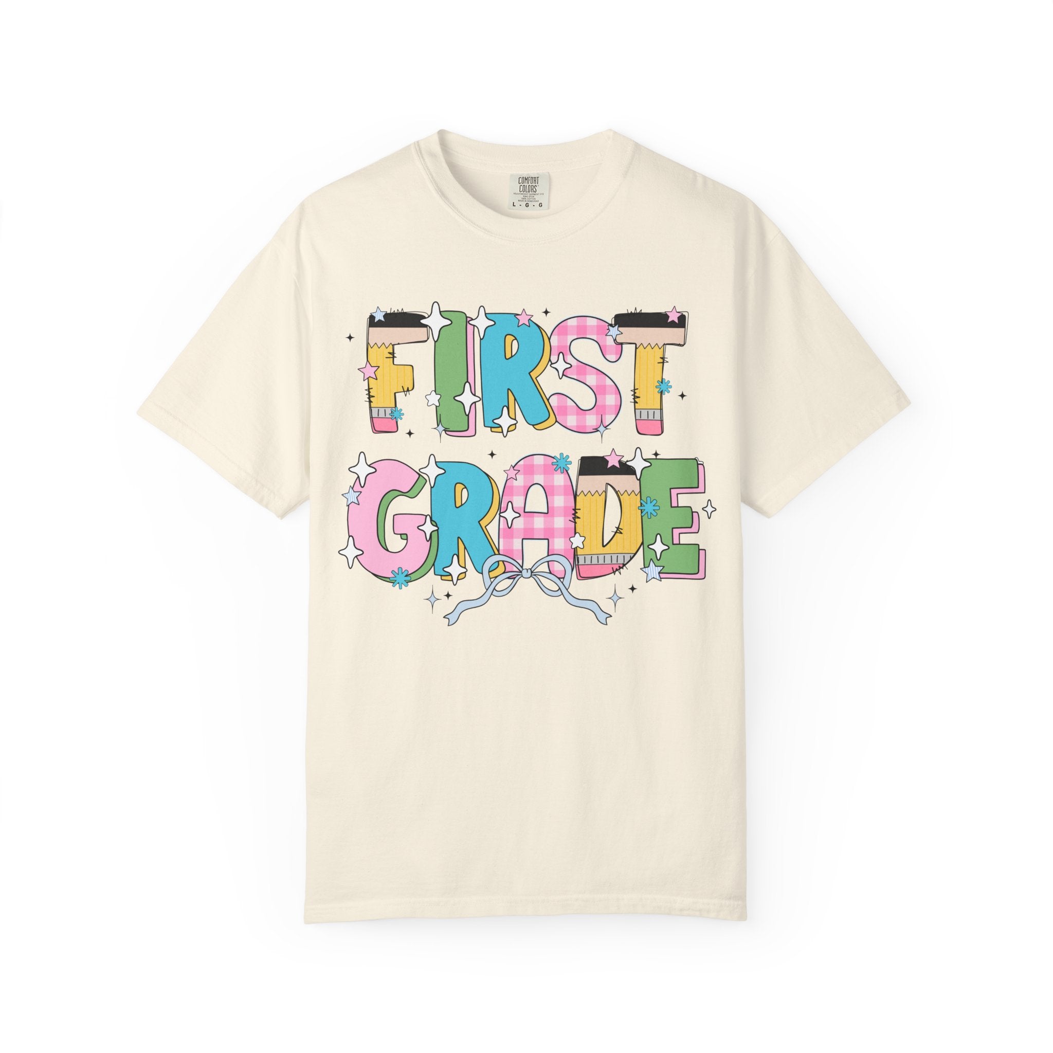 Cute First Grade Teacher Tee Shirt with Bow and Adorable Early 2000s Style Doodles, Teacher Team Tee, Back to School, First Day of School - Opal and June