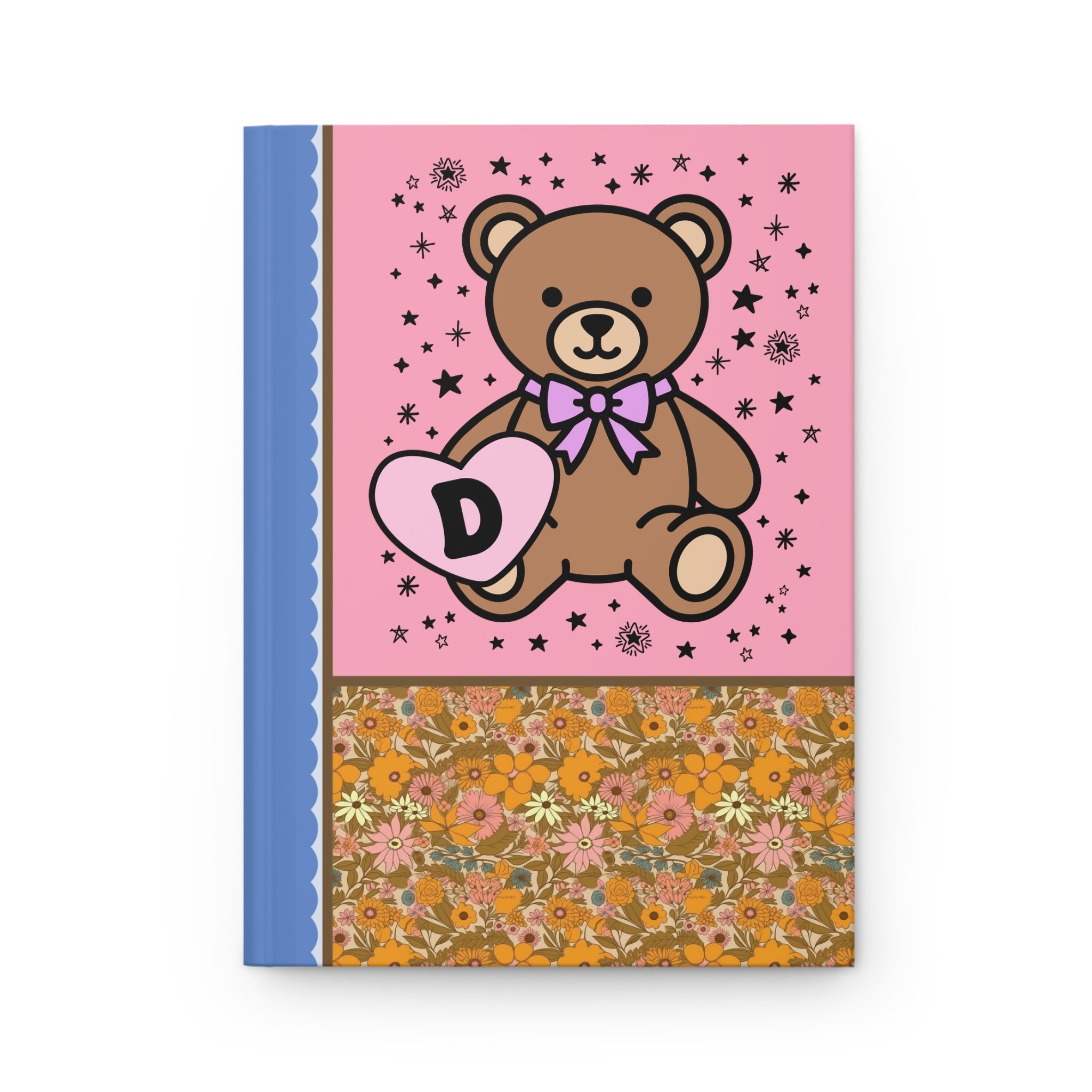 Cute Floral Initial Notebook with Cottagecore Bear Holding a Heart: D - Opal and June