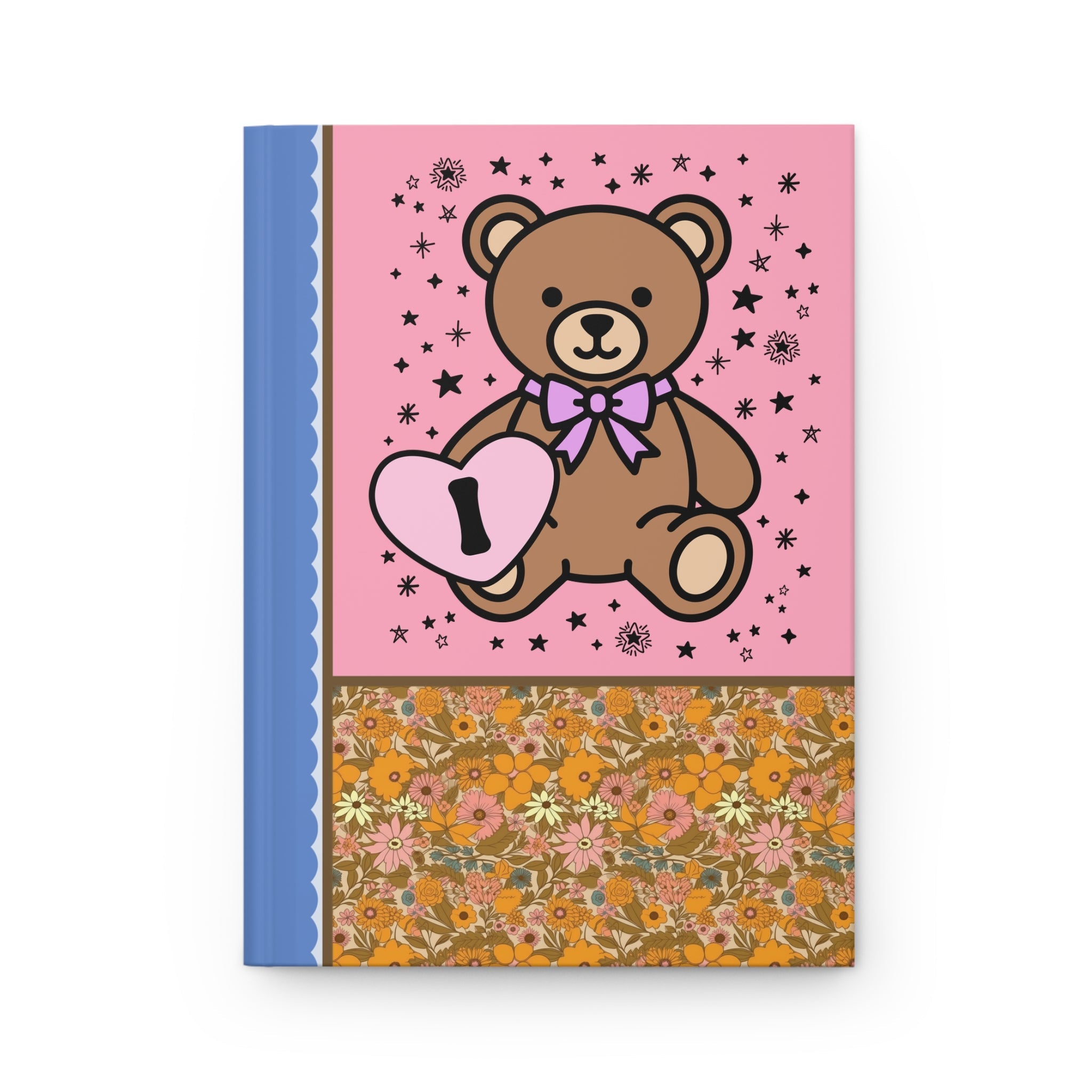 Cute Floral Initial Notebook with Cottagecore Bear Holding a Heart: I - Opal and June
