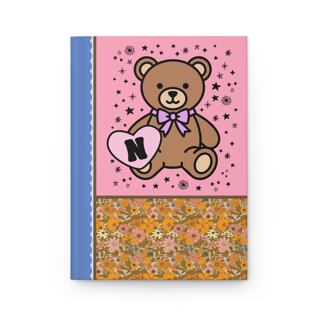 Cute Floral Initial Notebook with Cottagecore Bear Holding a Heart: N - Opal and June