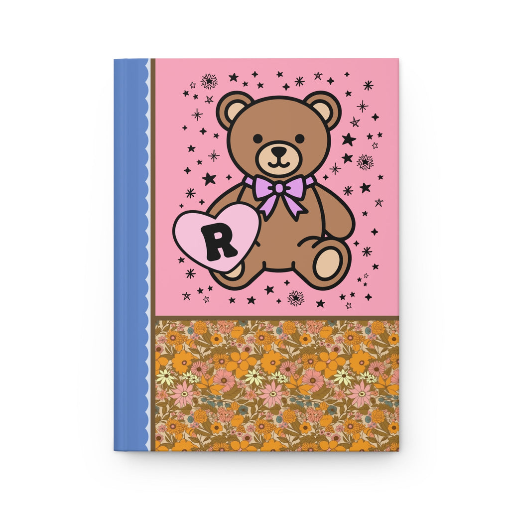 Cute Floral Initial Notebook with Cottagecore Bear Holding a Heart: R - Opal and June
