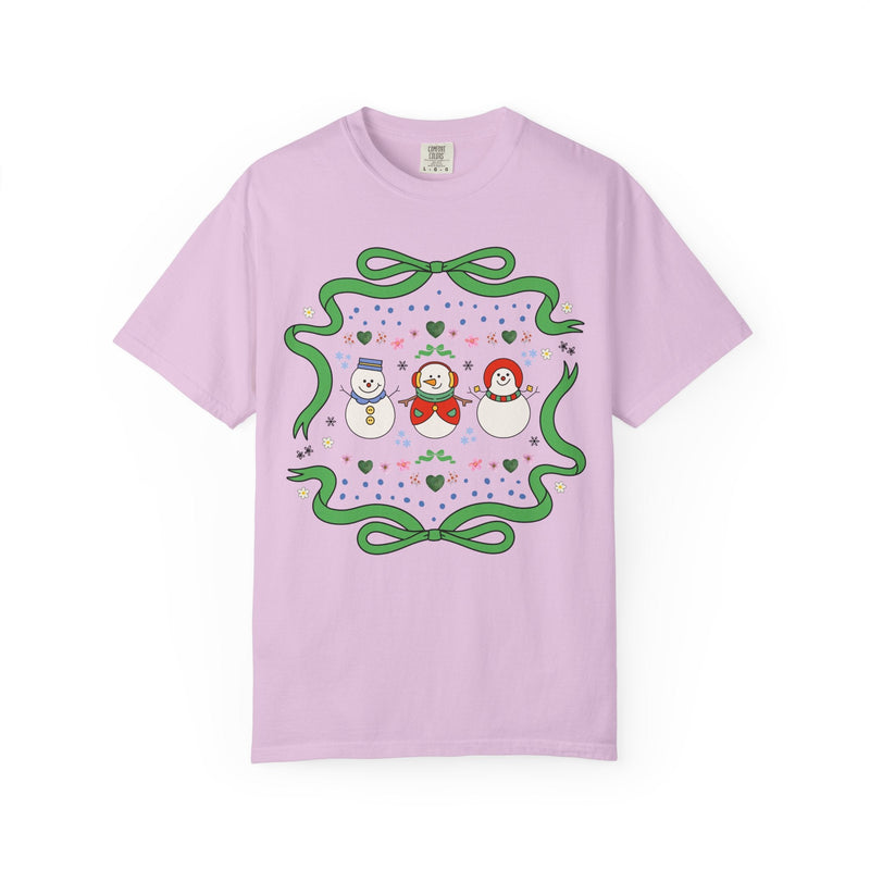 Cute Floral Snowman Tee Shirt for Holidays, Retro Aesthetic Teacher Christmas Tee with Ribbon, Matching Holiday Tee Shirt for Family or Work - Opal and June