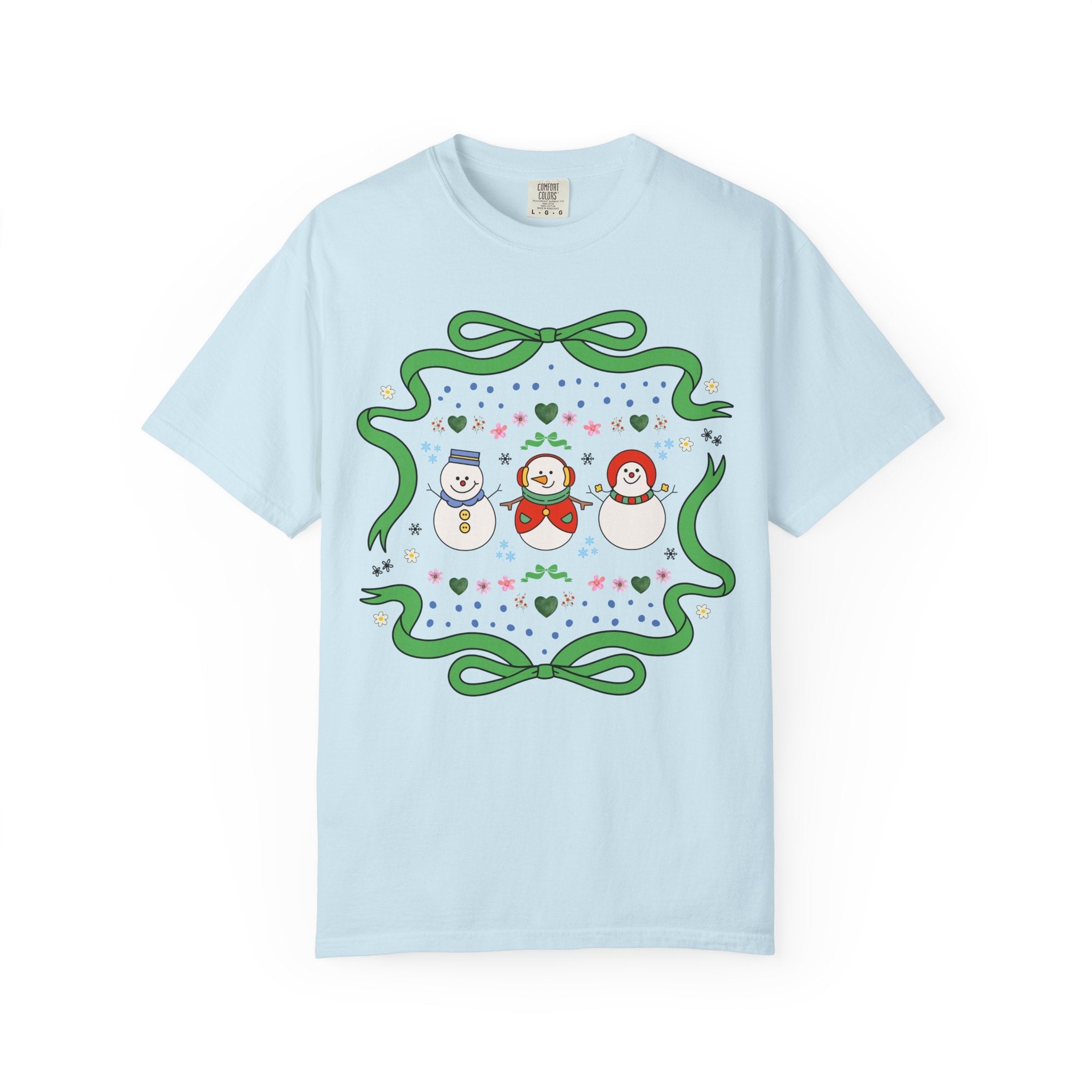 Cute Floral Snowman Tee Shirt for Holidays, Retro Aesthetic Teacher Christmas Tee with Ribbon, Matching Holiday Tee Shirt for Family or Work - Opal and June