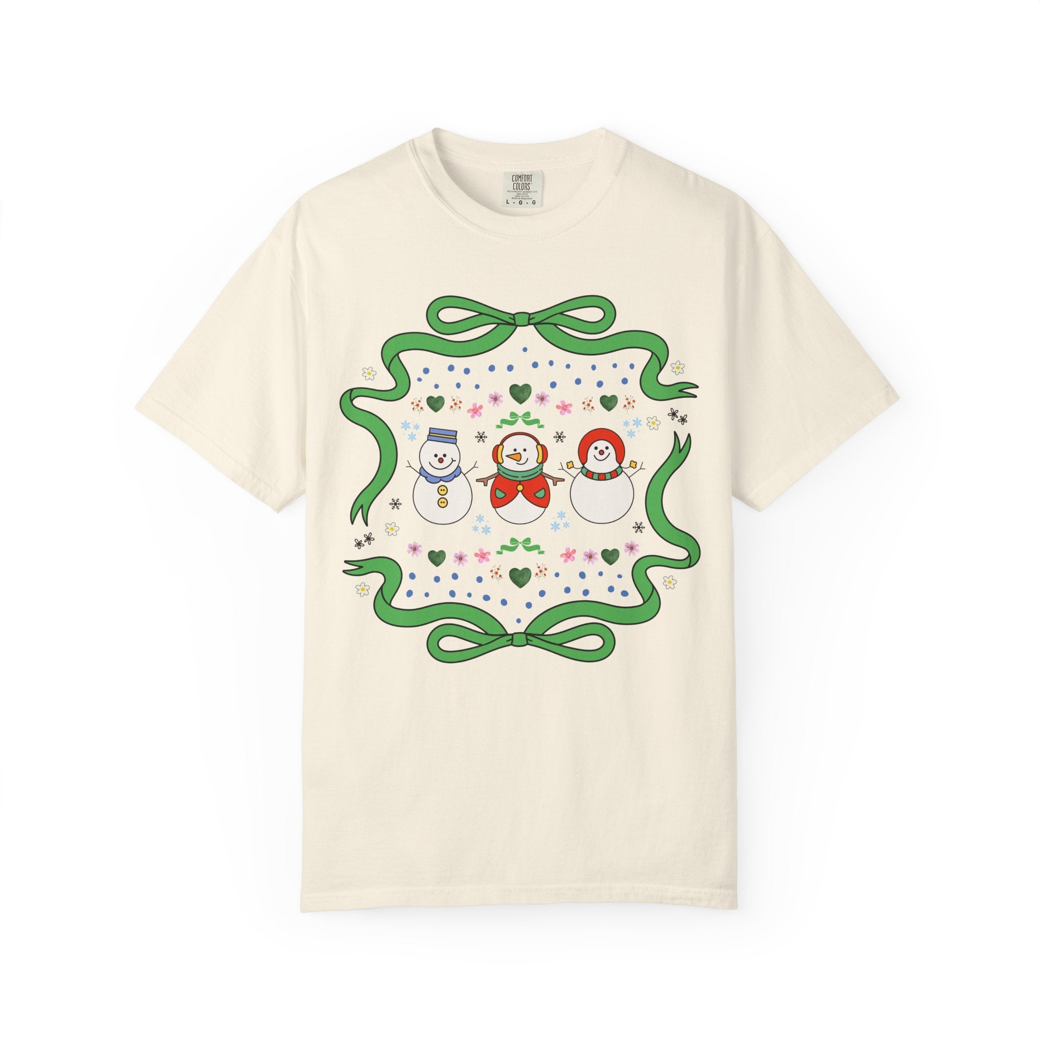 Cute Floral Snowman Tee Shirt for Holidays, Retro Aesthetic Teacher Christmas Tee with Ribbon, Matching Holiday Tee Shirt for Family or Work - Opal and June