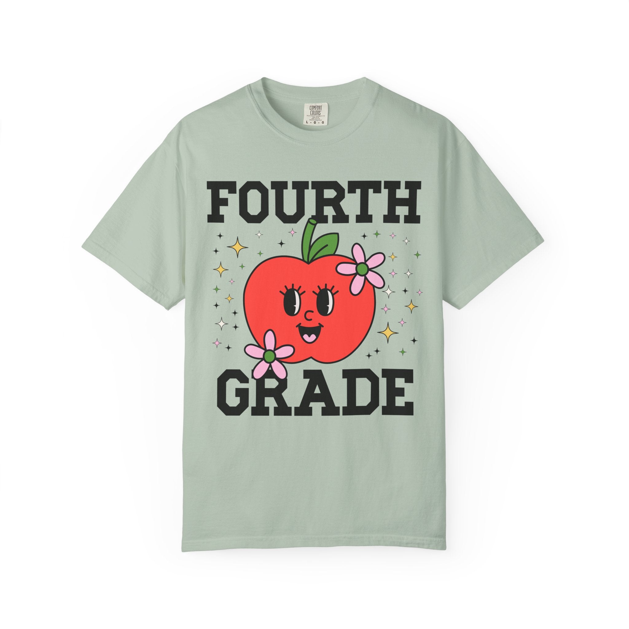 Cute Fourth Grade Teacher Tee Shirt with Adorable Retro Apple with Flowers, Teacher Team T-Shirt, Back to School or Meet the Teacher Night - Opal and June