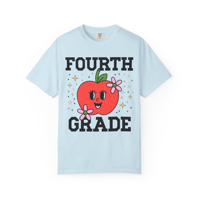 Cute Fourth Grade Teacher Tee Shirt with Adorable Retro Apple with Flowers, Teacher Team T-Shirt, Back to School or Meet the Teacher Night - Opal and June