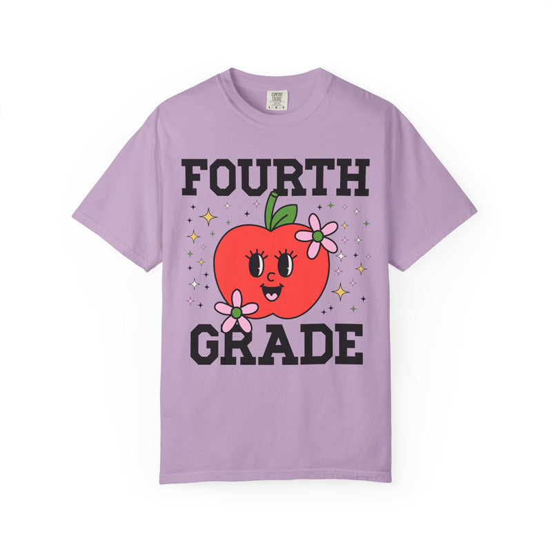 Cute Fourth Grade Teacher Tee Shirt with Adorable Retro Apple with Flowers, Teacher Team T-Shirt, Back to School or Meet the Teacher Night - Opal and June