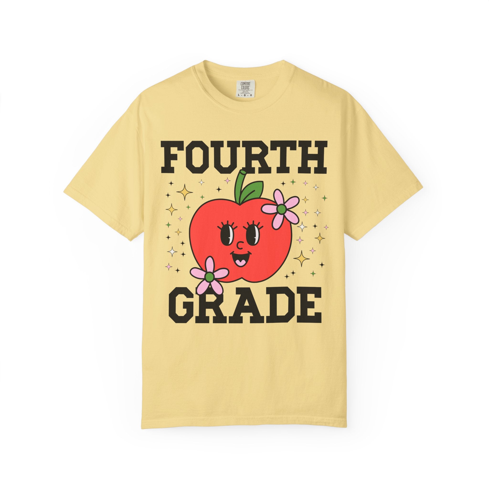 Cute Fourth Grade Teacher Tee Shirt with Adorable Retro Apple with Flowers, Teacher Team T-Shirt, Back to School or Meet the Teacher Night - Opal and June