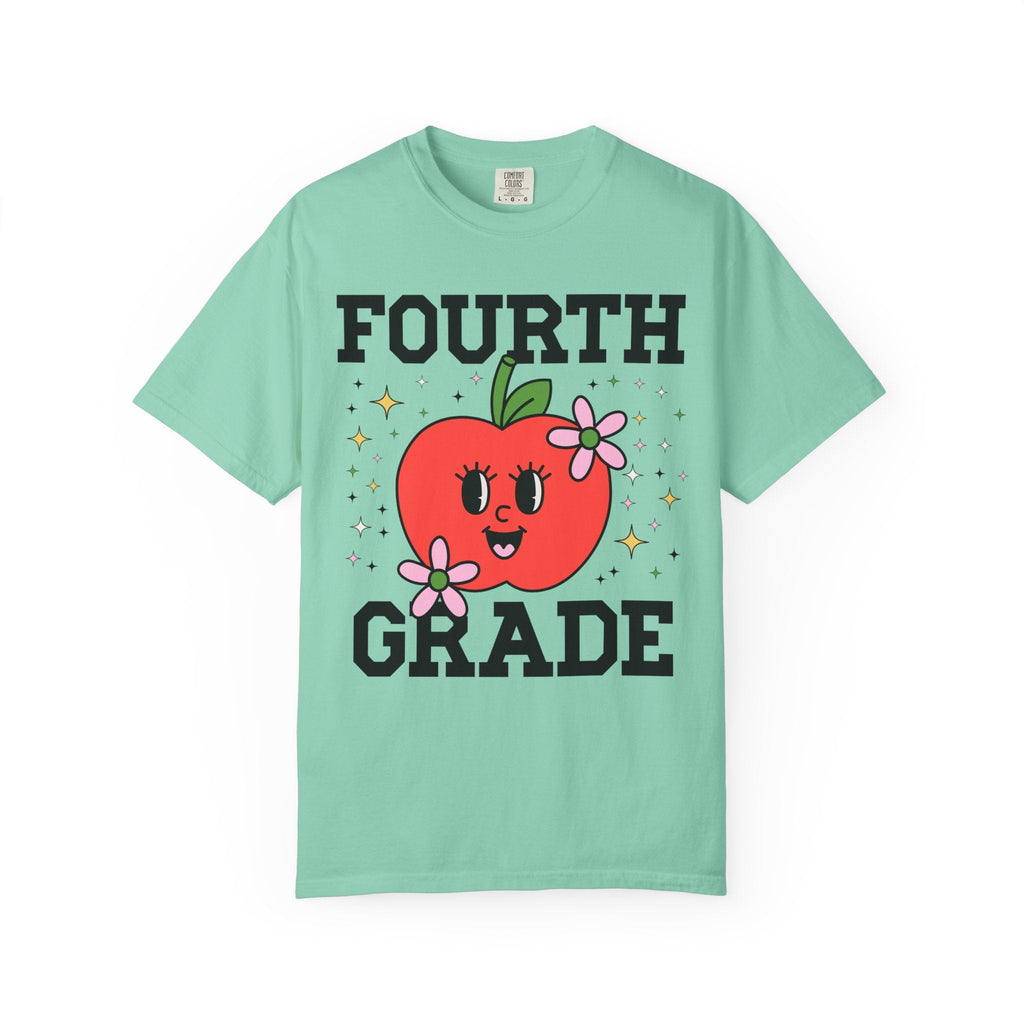 Cute Fourth Grade Teacher Tee Shirt with Adorable Retro Apple with Flowers, Teacher Team T-Shirt, Back to School or Meet the Teacher Night - Opal and June