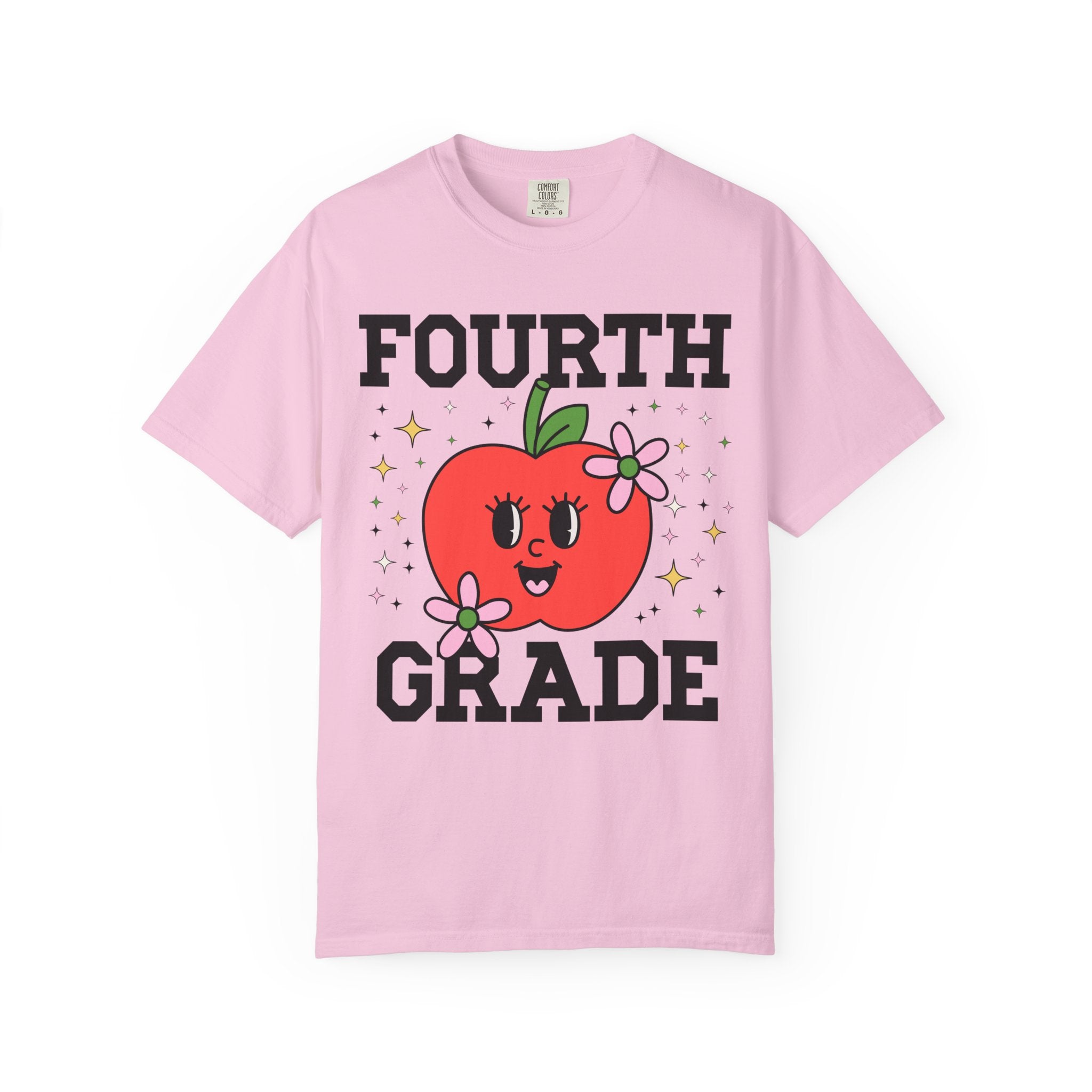 Cute Fourth Grade Teacher Tee Shirt with Adorable Retro Apple with Flowers, Teacher Team T-Shirt, Back to School or Meet the Teacher Night - Opal and June