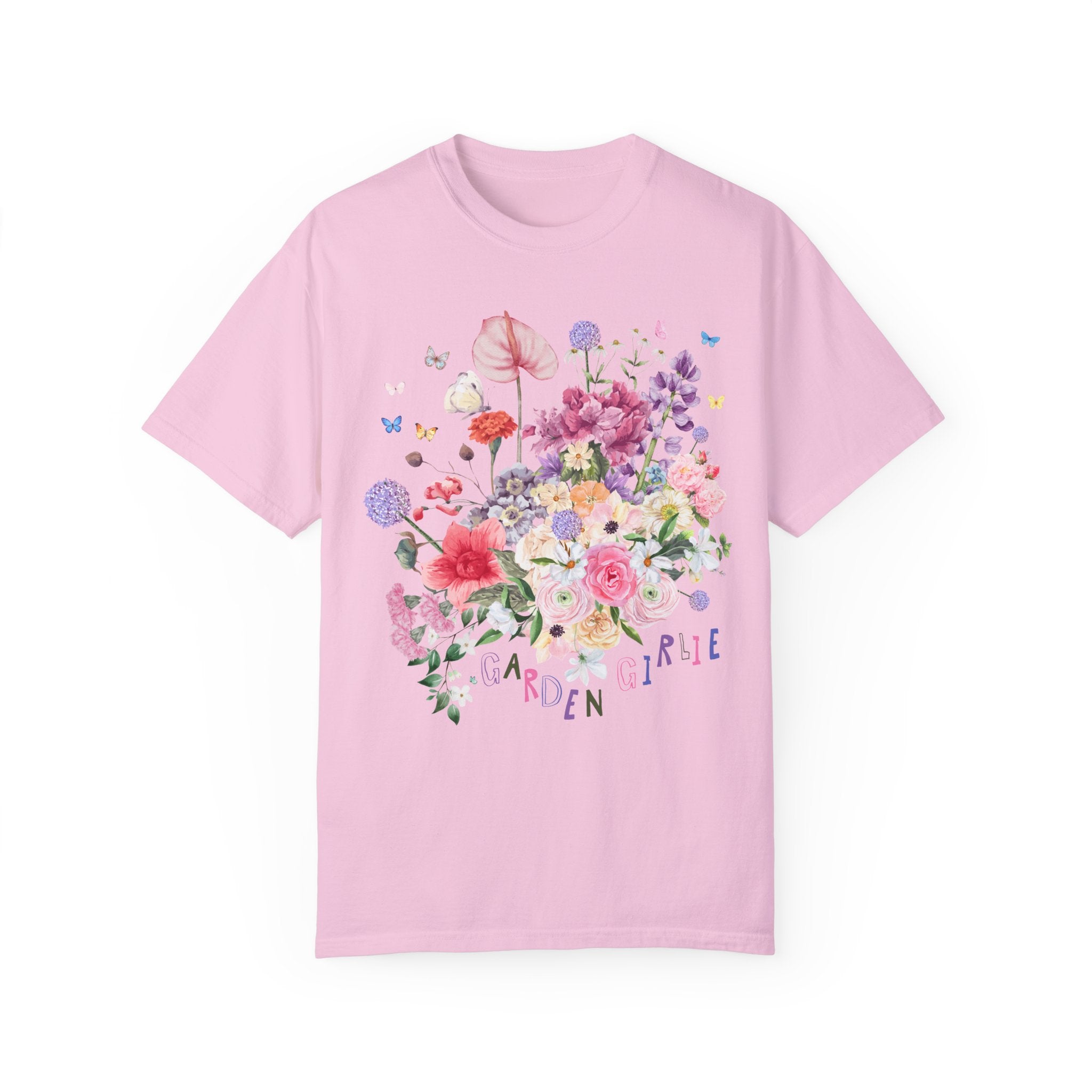 Cute Gardening Tee Shirt with Spring Flowers and Allium: Garden Girlie, Floral Mother's Day Present for Mom Who Gardens, Boho Garden Lover - Opal and June