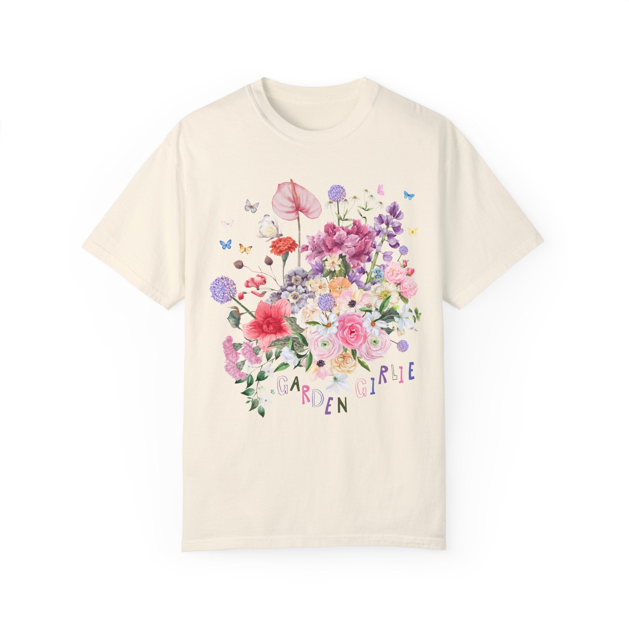 Cute Gardening Tee Shirt with Spring Flowers and Allium: Garden Girlie, Floral Mother's Day Present for Mom Who Gardens, Boho Garden Lover - Opal and June
