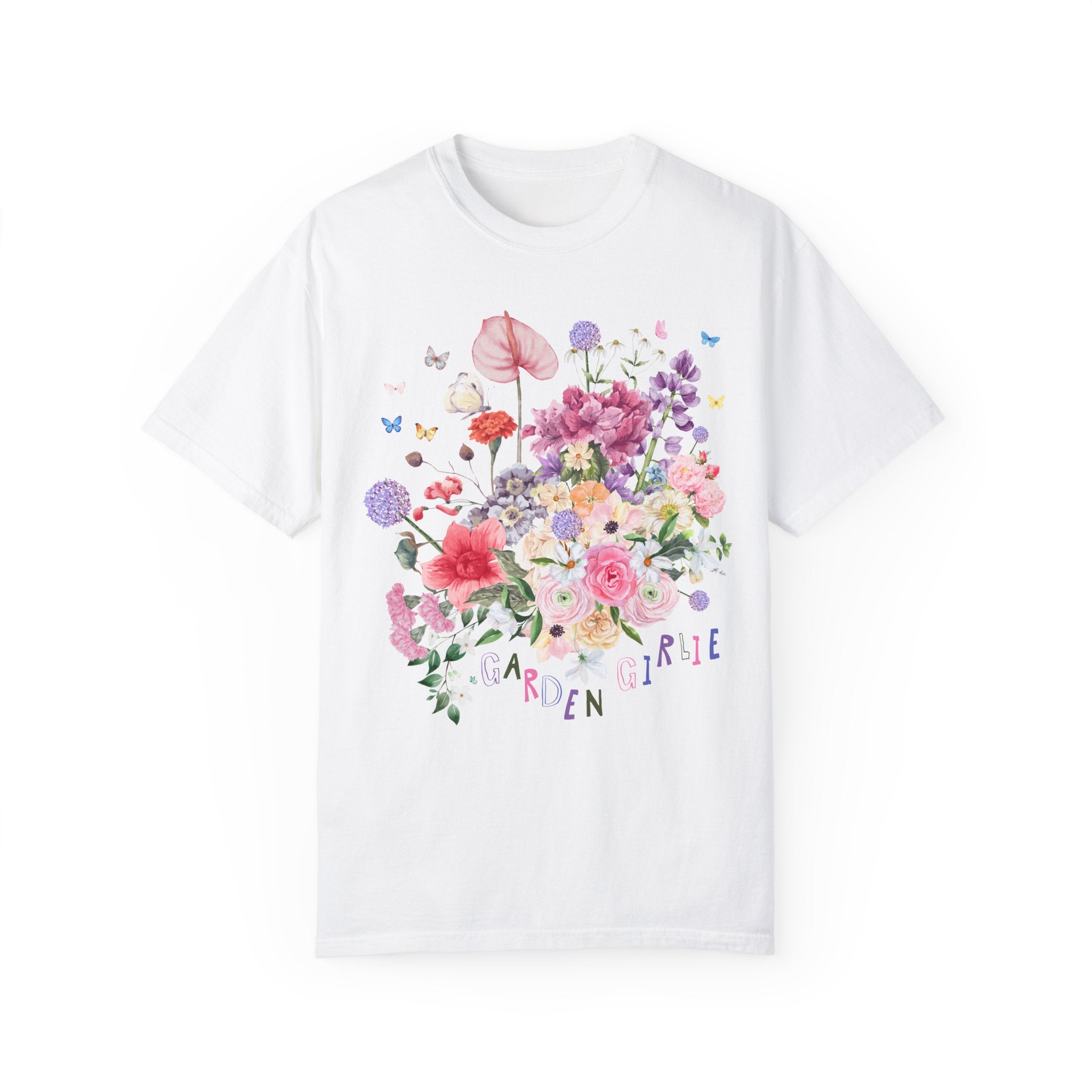 Cute Gardening Tee Shirt with Spring Flowers and Allium: Garden Girlie, Floral Mother's Day Present for Mom Who Gardens, Boho Garden Lover - Opal and June