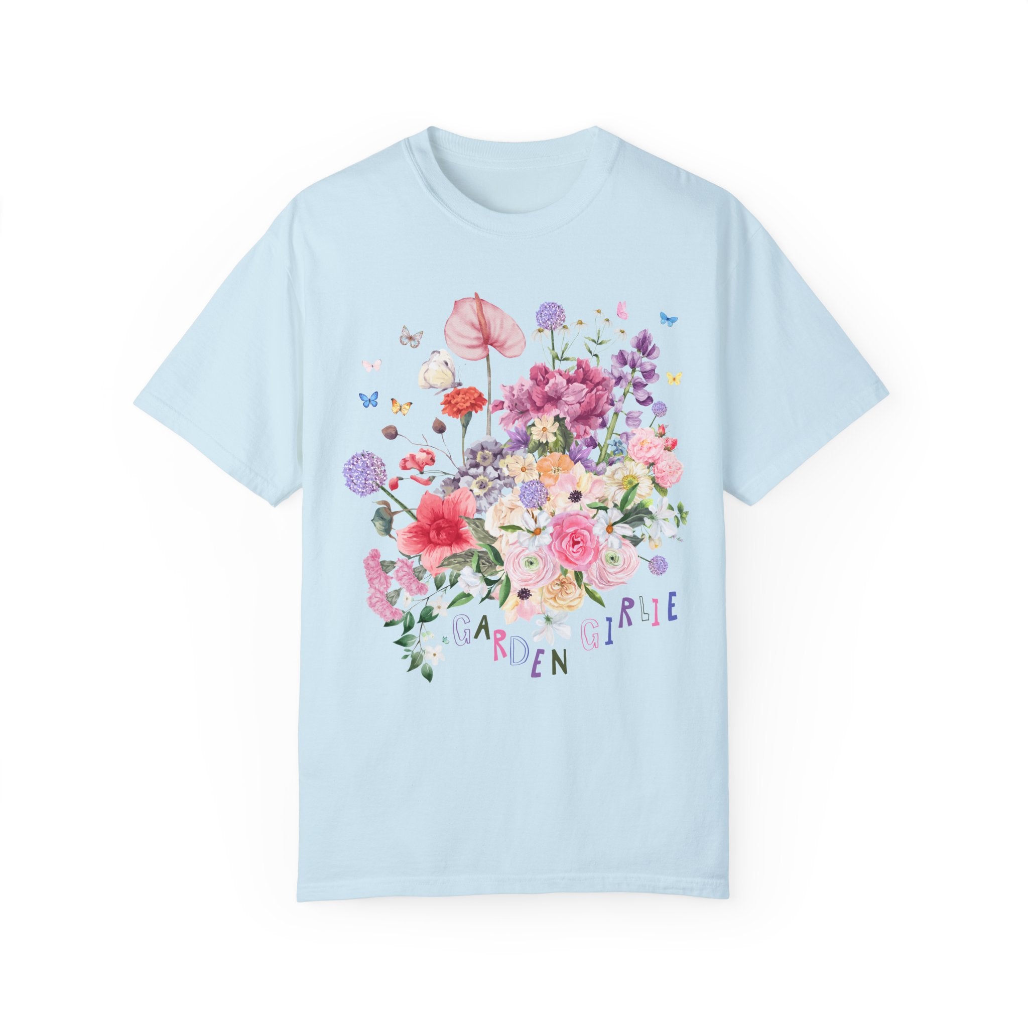Cute Gardening Tee Shirt with Spring Flowers and Allium: Garden Girlie, Floral Mother's Day Present for Mom Who Gardens, Boho Garden Lover - Opal and June