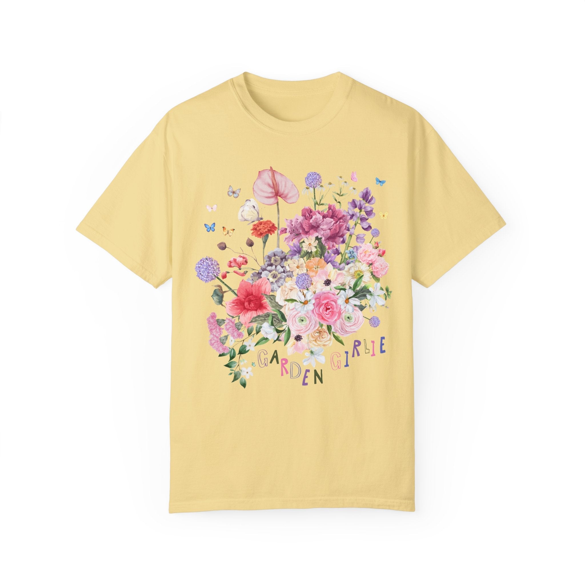 Cute Gardening Tee Shirt with Spring Flowers and Allium: Garden Girlie, Floral Mother's Day Present for Mom Who Gardens, Boho Garden Lover - Opal and June