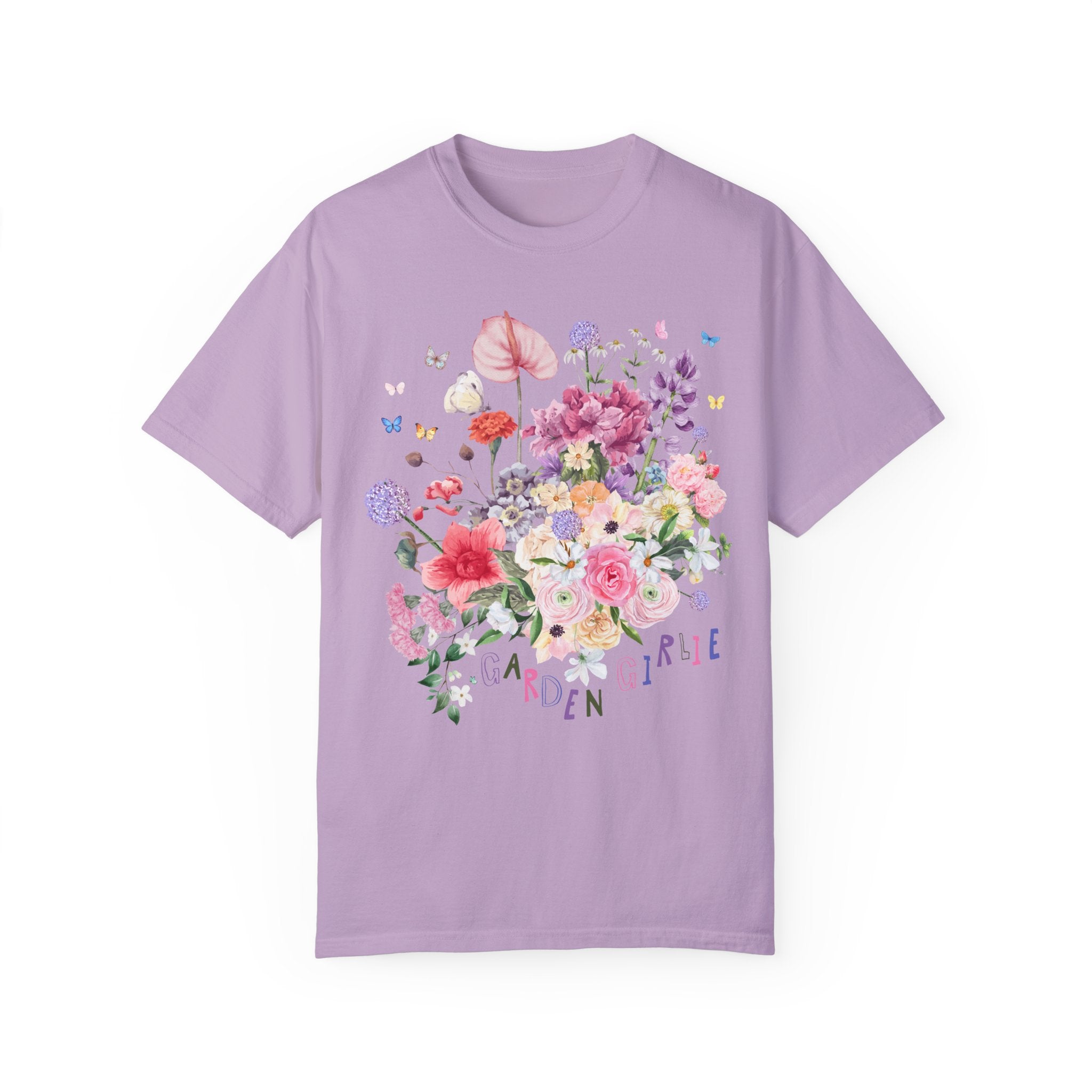 Cute Gardening Tee Shirt with Spring Flowers and Allium: Garden Girlie, Floral Mother's Day Present for Mom Who Gardens, Boho Garden Lover - Opal and June