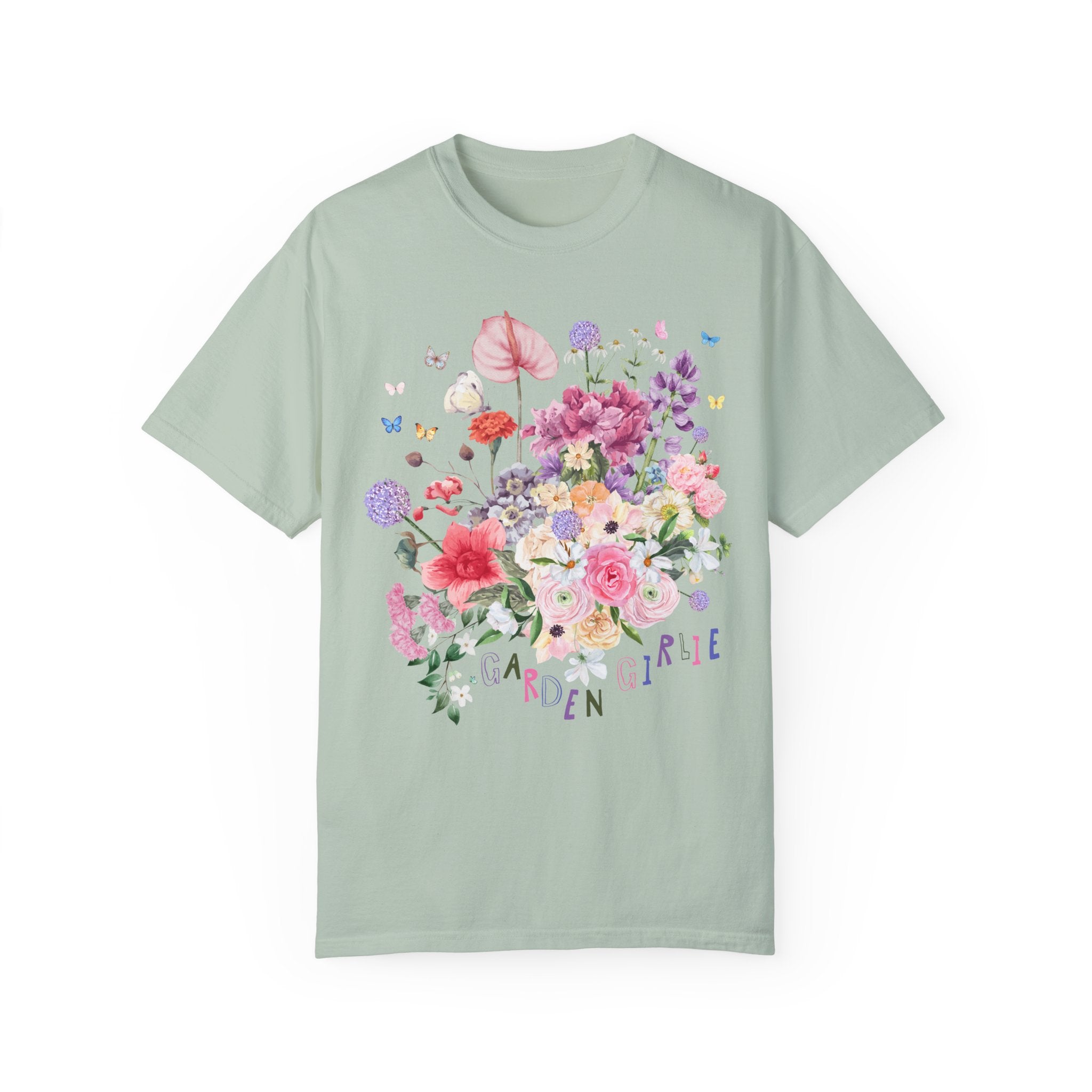 Cute Gardening Tee Shirt with Spring Flowers and Allium: Garden Girlie, Floral Mother's Day Present for Mom Who Gardens, Boho Garden Lover - Opal and June