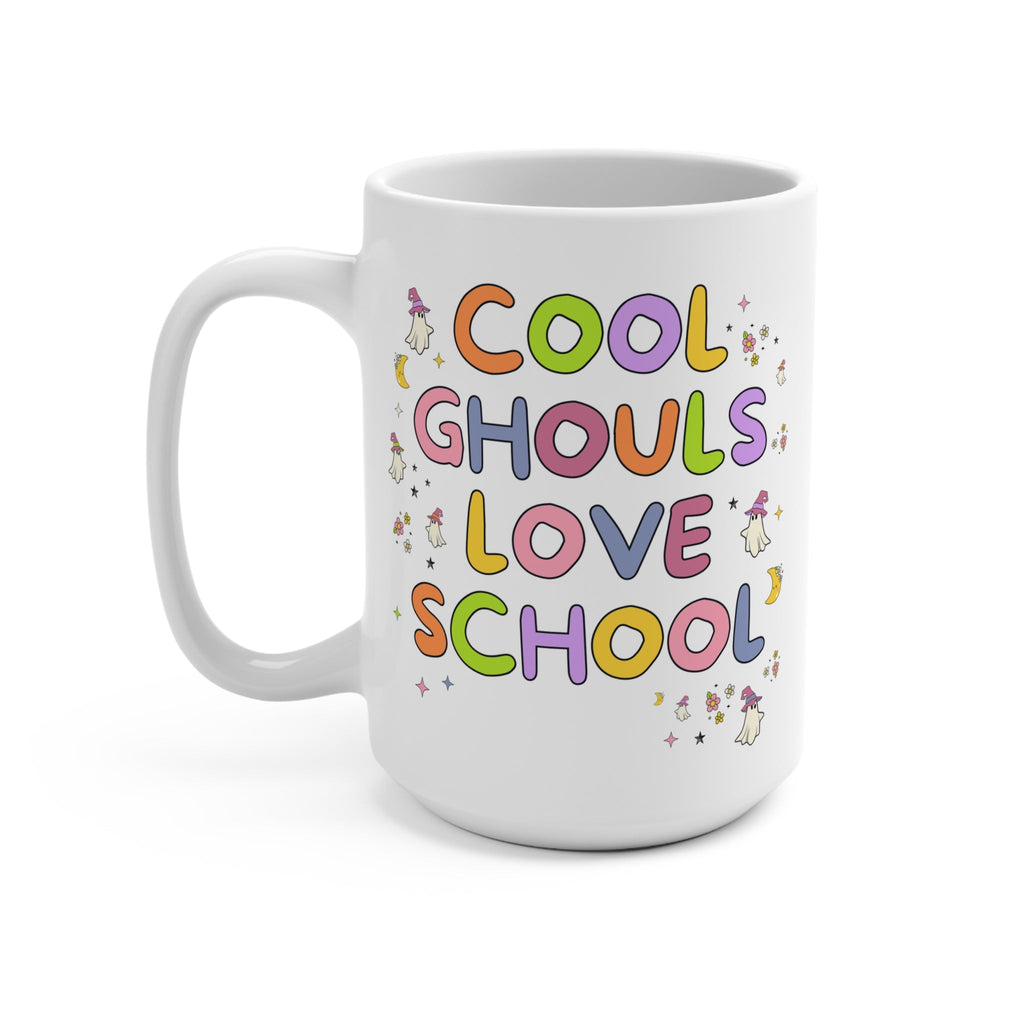 Cute Halloween Teacher Coffee Mug with Ghosts: Cool Ghouls Love School, Silly Kindergarten Teacher 15 Oz Mug with Stars, Floral Halloween - Opal and June